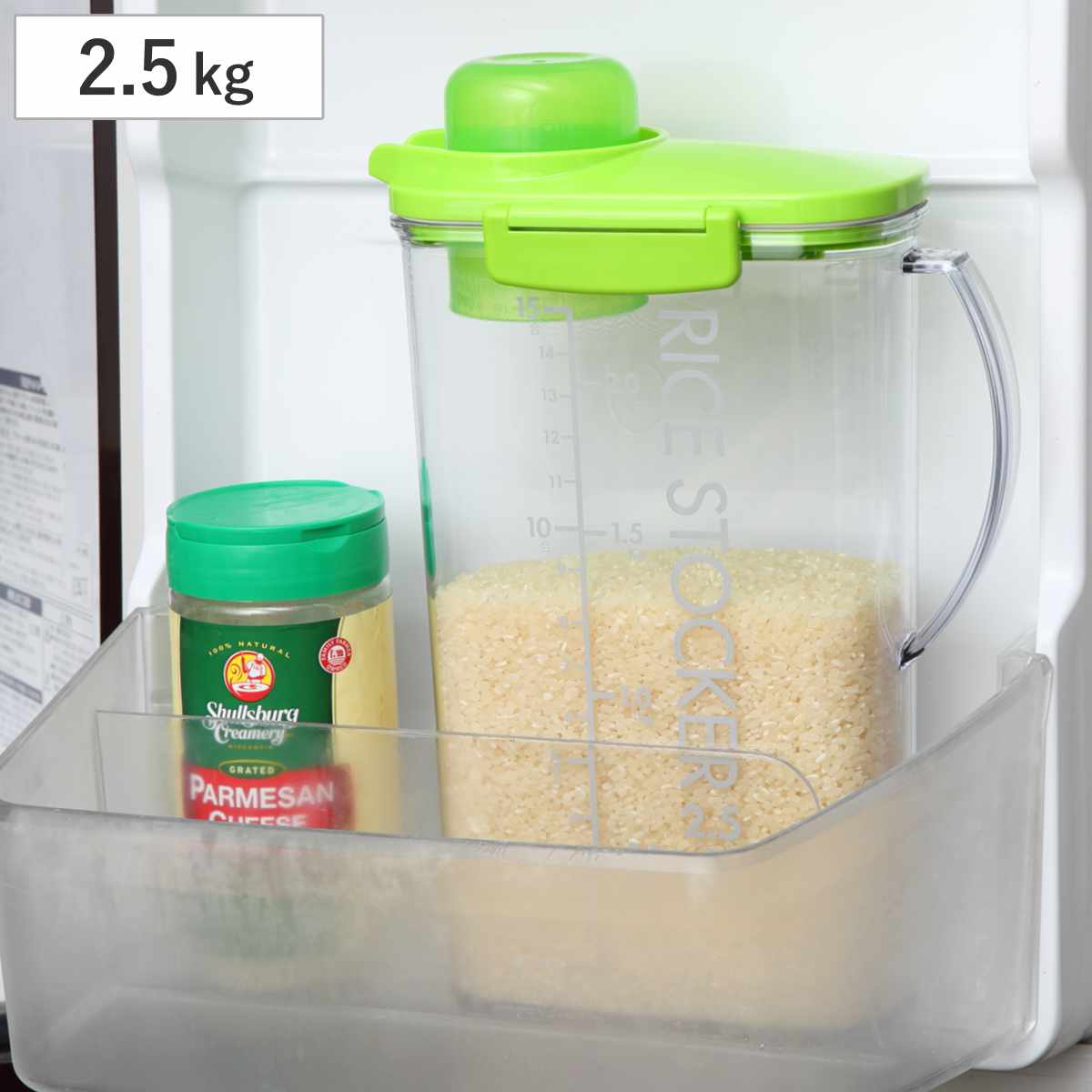 米びつ ライスストッカー 2.5kg （ 計量カップ付き 目盛り付き 冷蔵庫 ドアポケット ライスボックス 米櫃 こめびつ おすすめ スリム おしゃれ 無洗米対応 米ストッカー コメビツ お米収納 お米保存 キャスター付き 2.5キロ ）