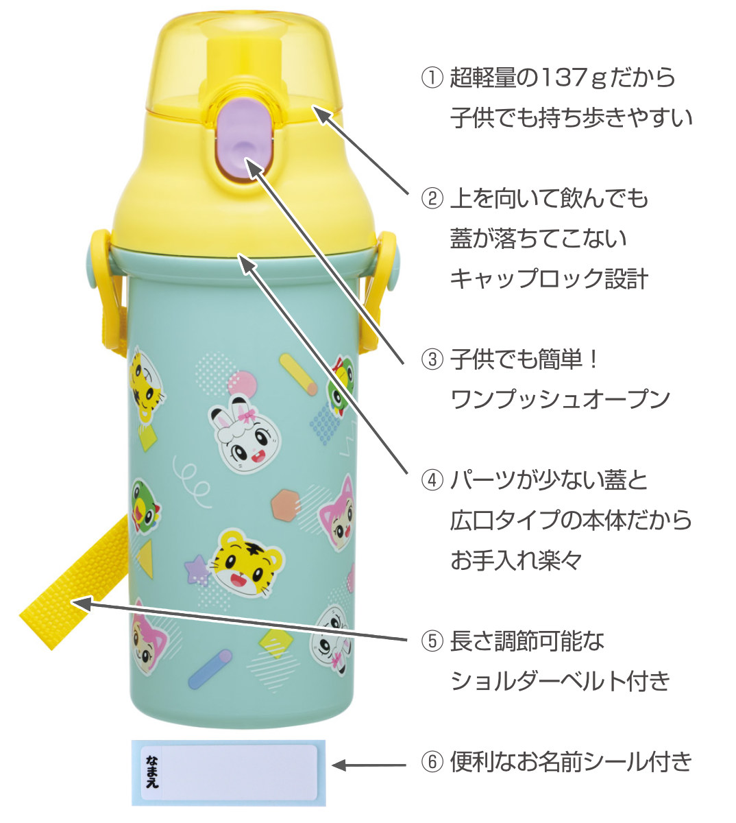 水筒 480ml 直飲プラワンタッチボトル しまじろうPOP ( 子供用 プラスチック製 ダイレクトボトル 直飲み ワンタッチ 日本製 ショルダーベルト付き 広口 軽量 ボトル ワンプッシュ )