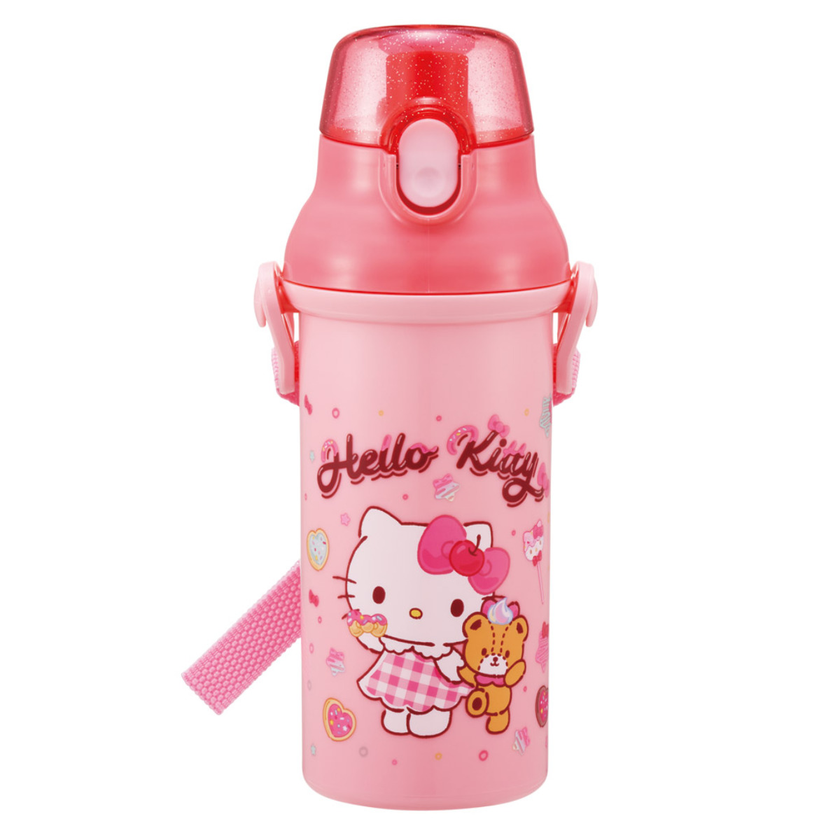 水筒 480ml 直飲プラワンタッチボトル キティファンシー ( 子供用 プラスチック製 ダイレクトボトル 直飲み ワンタッチ 日本製 ショルダーベルト付き 広口 軽量 ボトル ワンプッシュ )