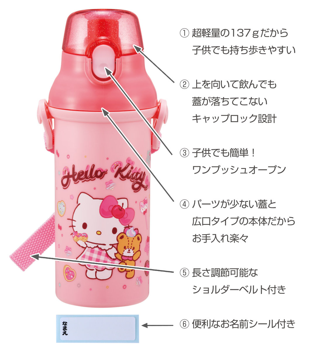 水筒 480ml 直飲プラワンタッチボトル キティファンシー ( 子供用 プラスチック製 ダイレクトボトル 直飲み ワンタッチ 日本製 ショルダーベルト付き 広口 軽量 ボトル ワンプッシュ )