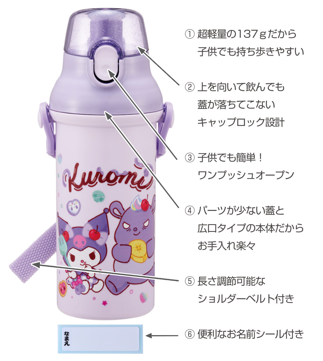 水筒 480ml 直飲プラワンタッチボトル クロミファンシー ( 子供用 プラスチック製 ダイレクトボトル 直飲み ワンタッチ 日本製 ショルダーベルト付き 広口 軽量 ボトル ワンプッシュ )