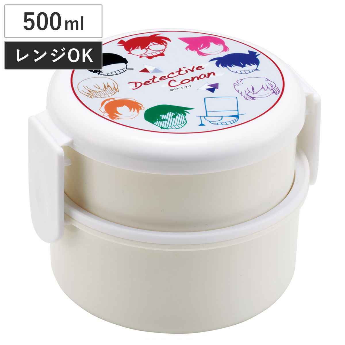 弁当箱 500ml 丸型ランチボックス2段 名探偵コナン ( お弁当箱 丸型 ランチボックス レンジ対応 日本製 レンジOK お弁当 弁当 フォーク付き おにぎり 子ども用お弁当箱 2段弁 )