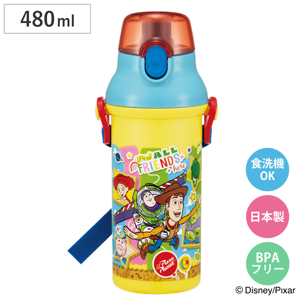 水筒 480ml 直飲プラワンタッチボトル トイ・ストーリー26 （ 子供用 プラスチック製 ダイレクトボトル 直飲み ワンタッチ 日本製 ショルダーベルト付き 広口 軽量 ボトル ワンプッシュ ）