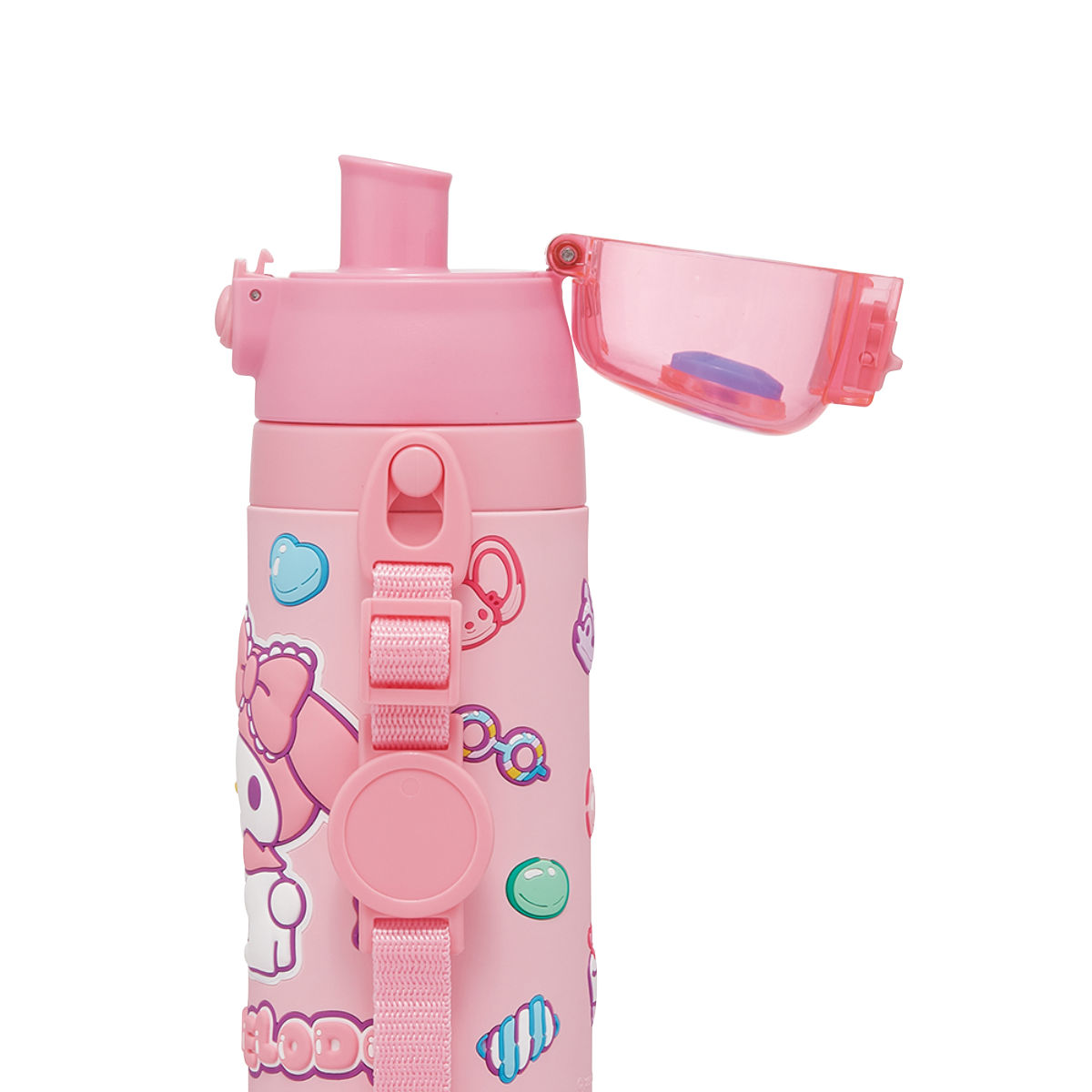 水筒 480ml 3Dロック付ダイレクトボトル マイメロディマシュグミ ( 直飲み ステンレス 3D ダイレクトボトル 保冷 子供 幼稚園 保育園 ボトル ワンプッシュボトル 子供用水筒 直のみ ワンタッチ キッズ ショルダーベルト付き )