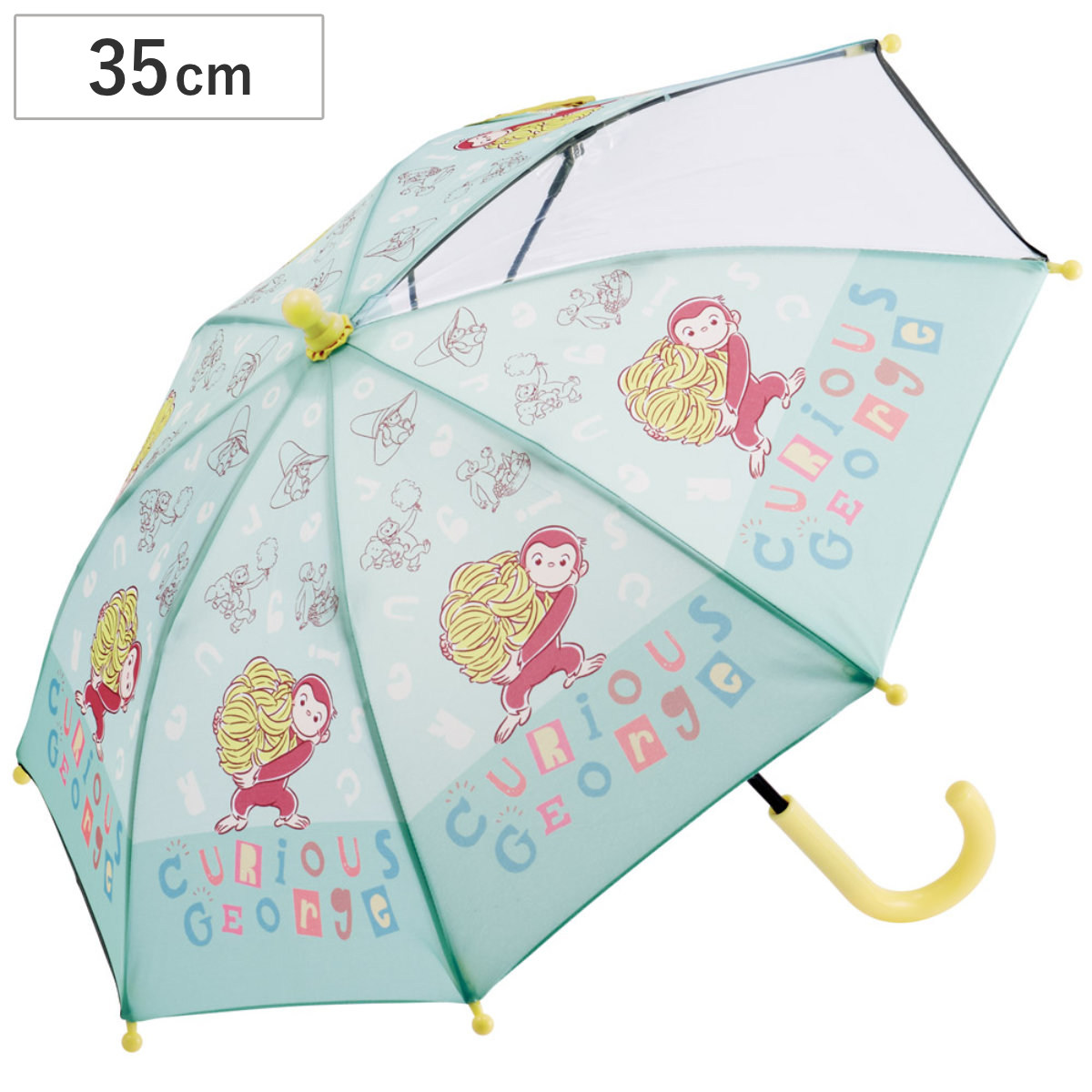 傘 子供傘 35cm おさるのジョージ アルファベット （ かさ 透明窓付き 軽量 丈夫 折れにくい 手開き 安全カバー 子供用 幼児 雨傘 雨具 カサ 2歳 3歳 軽い ネームタグ 透明窓 通園 保育園 幼稚園 適応身長 85?95cm キャラクター ）