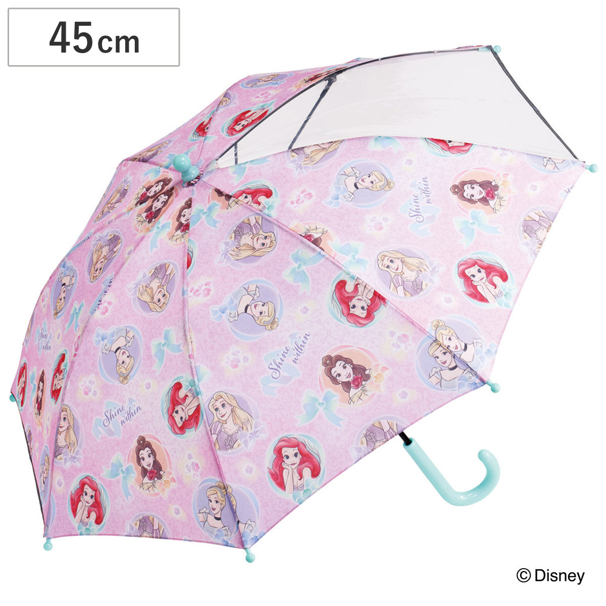 傘 子ども傘 45cm ディズニー プリンセス （ かさ 透明窓付き 軽量 丈夫 折れにくい 手開き 安全カバー 子供用 雨傘 雨具 カサ 5～8歳 軽い ネームタグ 透明窓 幼児 小学生 適応身長 105?125cm キャラクター ）