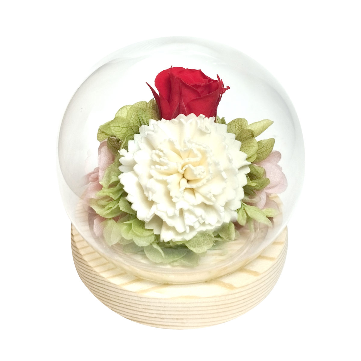 プリザーブドフラワー スフィアドームアレンジ ガラス ドーム ( 花 プレゼント フラワーギフト アレンジメント ガラスドーム 幅10cm コンパクト お花 母の日 インテリア 華やか 玄関 リビング 寝室 飾り ディスプレイ ) 【咲×パープル】 咲×パープル