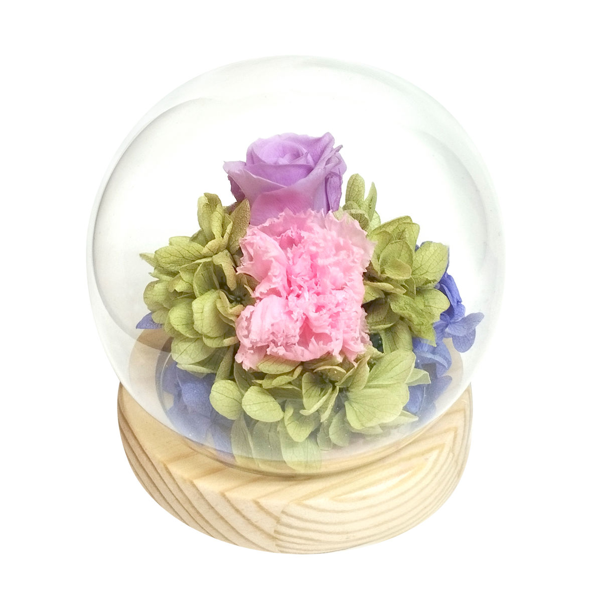 プリザーブドフラワー スフィアドームアレンジ ガラス ドーム ( 花 プレゼント フラワーギフト アレンジメント ガラスドーム 幅10cm コンパクト お花 母の日 インテリア 華やか 玄関 リビング 寝室 飾り ディスプレイ ) 【咲×パープル】 咲×パープル