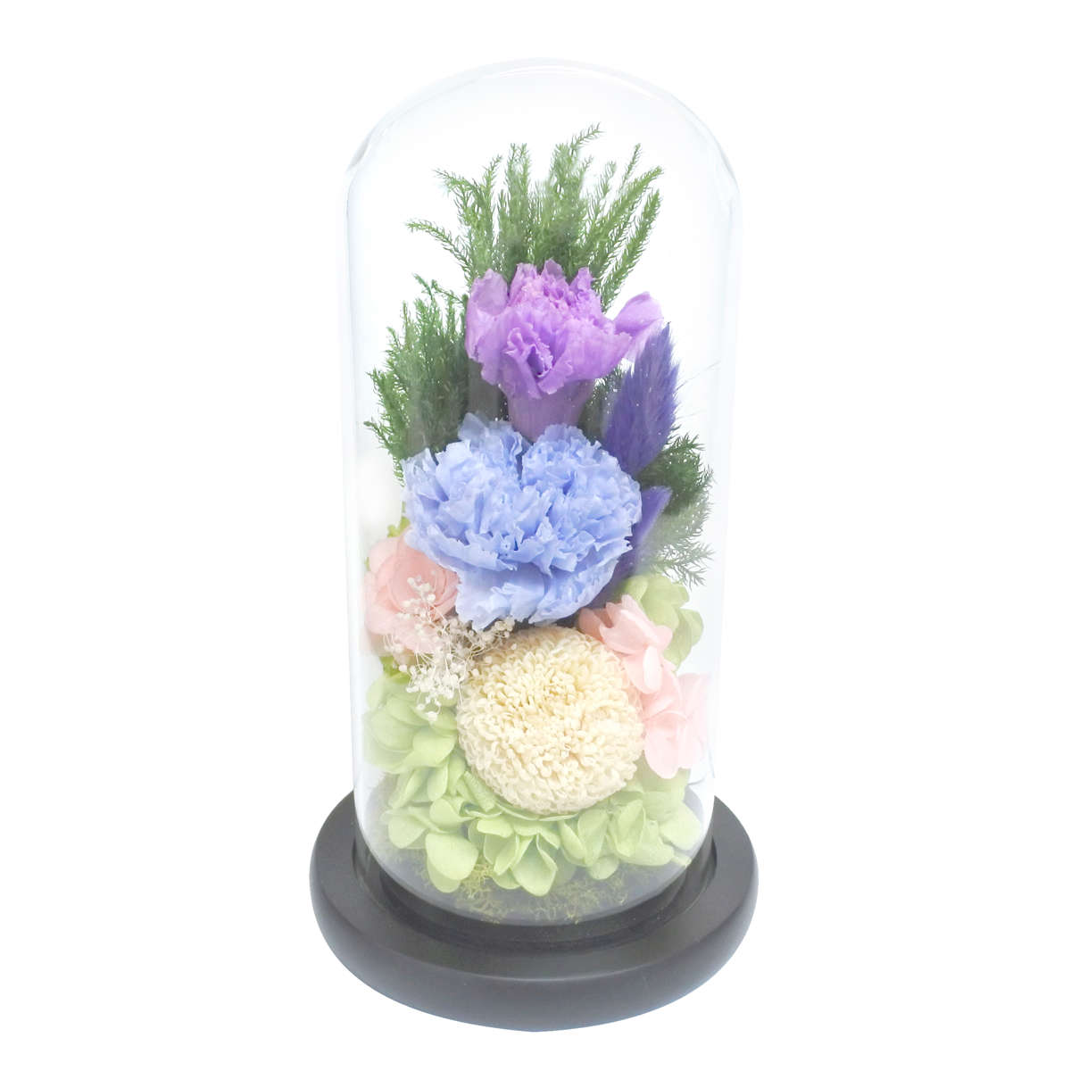 供え花 仏花 ガラスドームアレンジメント プリザーブドフラワー 日々華 ( 造花 ブリザードフラワー 枯れない 仏壇 ドーム お供え 花 フェイクフラワー 供花 御供え 枯れない花 水換え不要 夏 人工 お盆 お彼岸 お墓 法要 法事 仏具 ) 【B】 B
