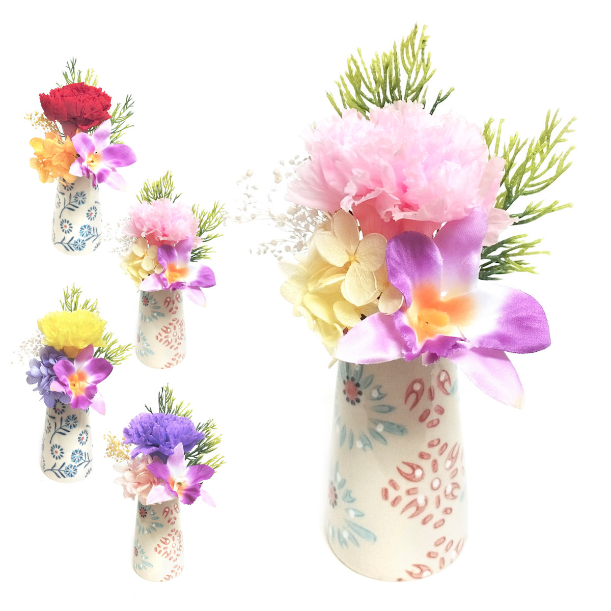 仏花 供え花 ミニ仏花 想花 花器付き （ プリザーブドフラワー 造花 ブリザードフラワー 枯れない 仏壇 お供え 花 フェイクフラワー 供花 御供え 枯れない花 水換え不要 夏 人工 お盆 お彼岸 お墓 法要 法事 仏具 ） 【イエロー】