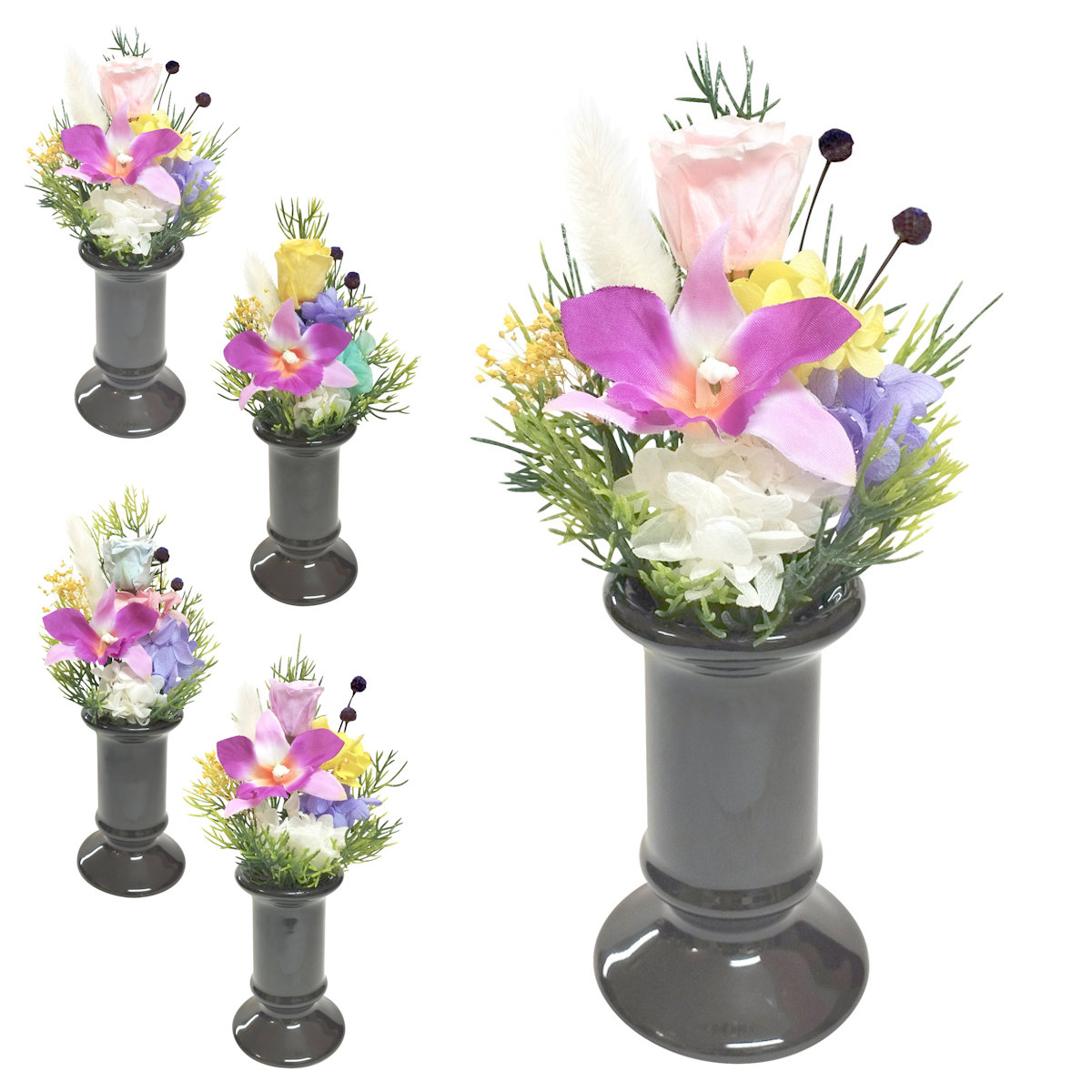 仏花 供え花 ミニ仏花 陽葵 花器付き （ プリザーブドフラワー 造花 ブリザードフラワー 枯れない 仏壇 お供え 花 フェイクフラワー CT触媒 空気清浄 消臭 供花 御供え 枯れない花 水換え不要 夏 人工 お盆 お彼岸 お墓 法要 法事 ） 【ブルー】