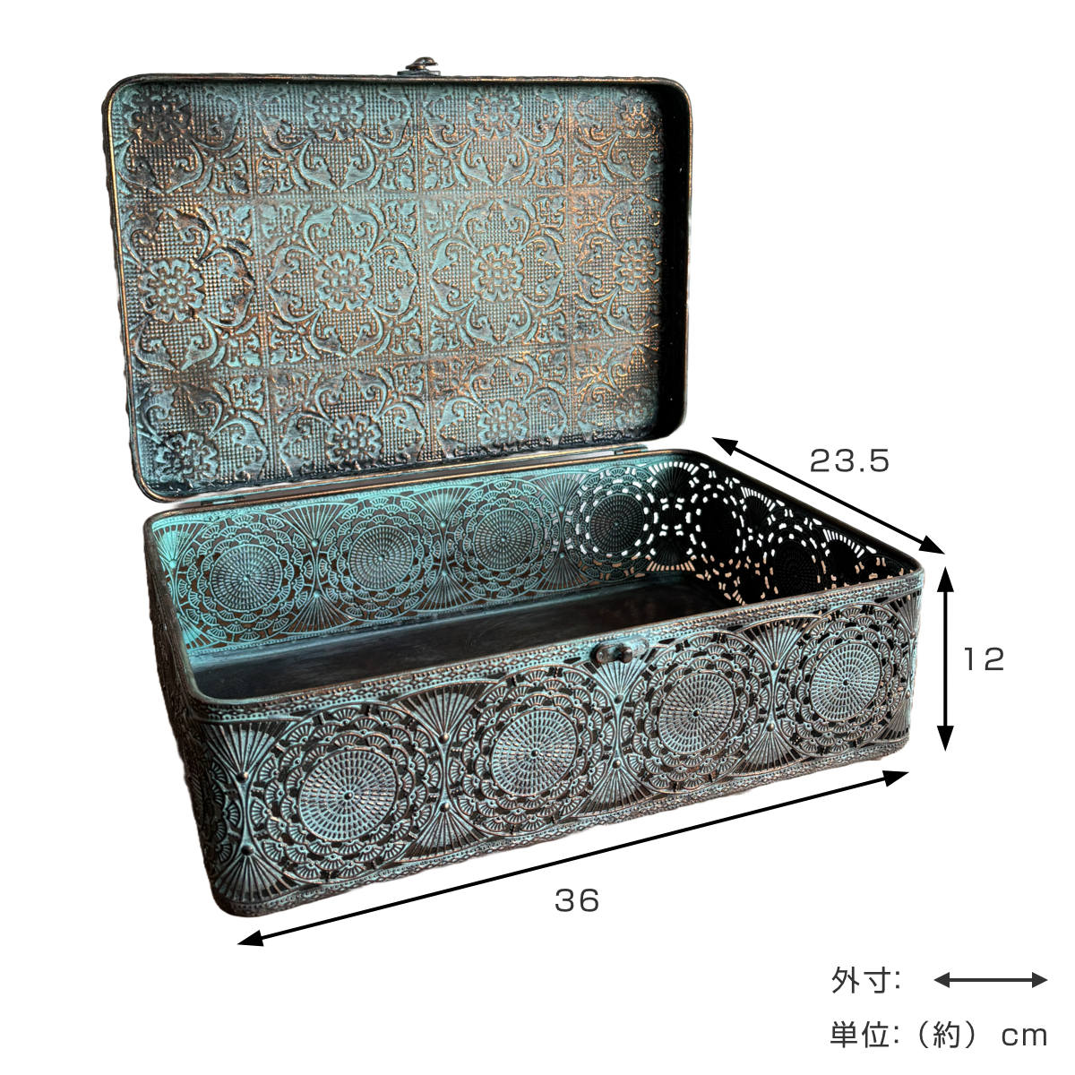 収納ボックス アンクブリキボックス L 小物入れ ふた付き 幅36×奥行23.5×高さ12cm ( 収納ケース 収納 ボックス ケース 収納箱 蓋付き ブリキ フタ付き アンティーク レトロ インテリア ディスプレイ レース )