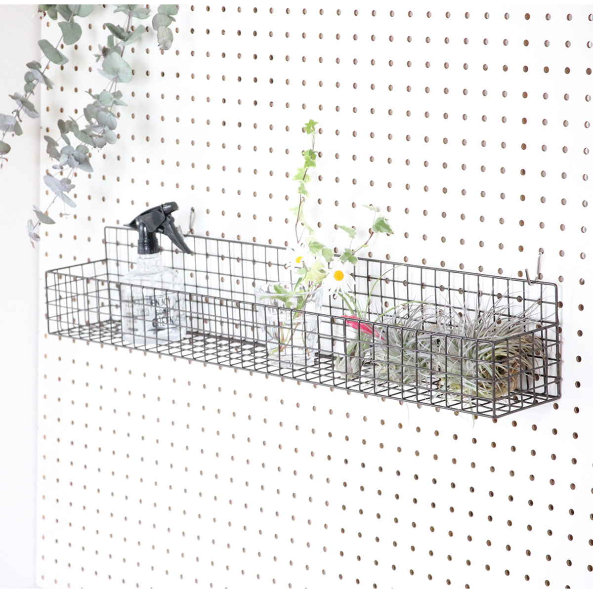 かご ジョセフアイアン ロング ワイヤーバスケット 壁掛け 幅80×奥行12×高さ14cm ( バスケット アイアン 収納 壁面収納 置き 卓上 ウォールシェルフ カゴ アンティーク調 小物収納 軽量 小物入れ 植物 ディスプレイ キッチン )