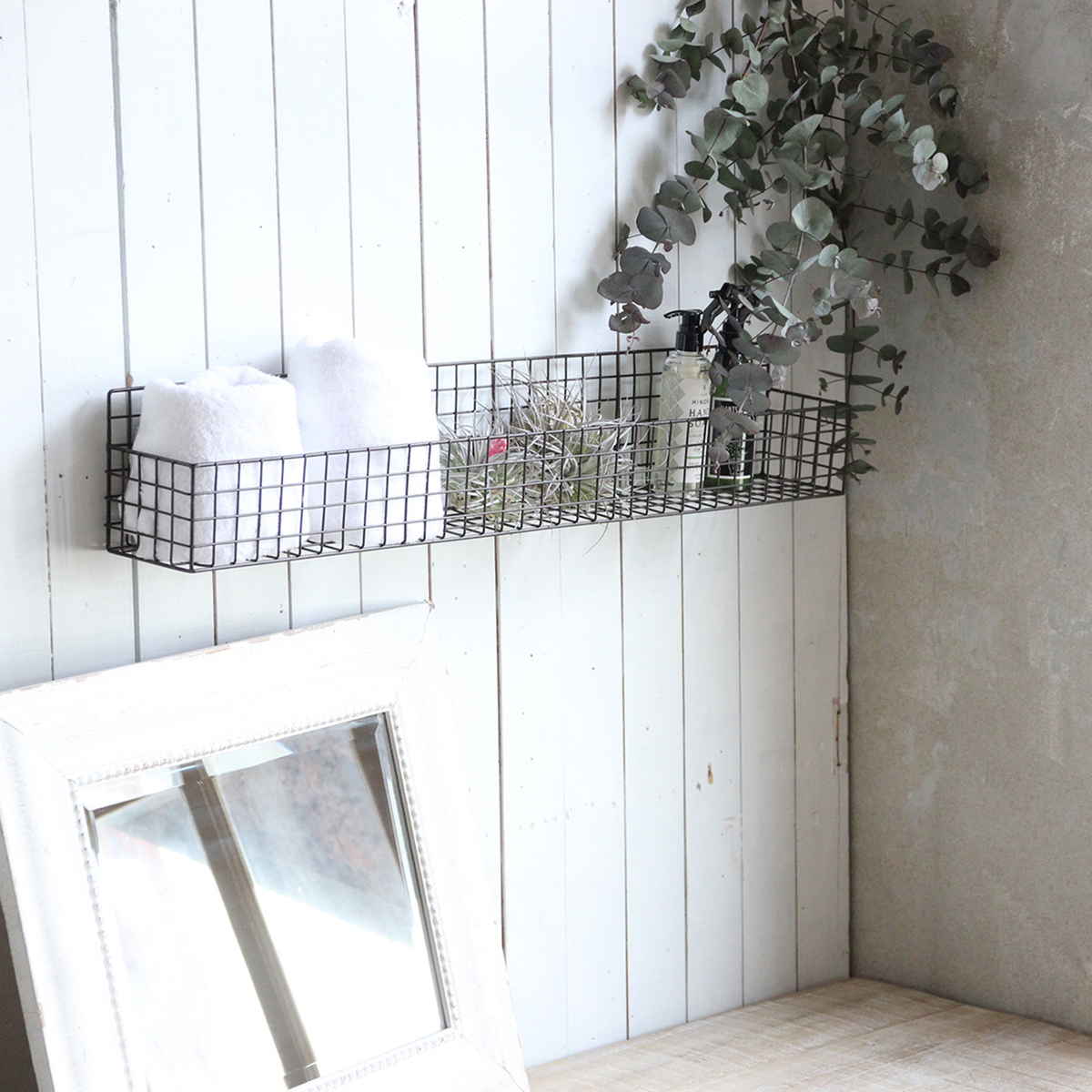 かご ジョセフアイアン ロング ワイヤーバスケット 壁掛け 幅80×奥行12×高さ14cm ( バスケット アイアン 収納 壁面収納 置き 卓上 ウォールシェルフ カゴ アンティーク調 小物収納 軽量 小物入れ 植物 ディスプレイ キッチン )