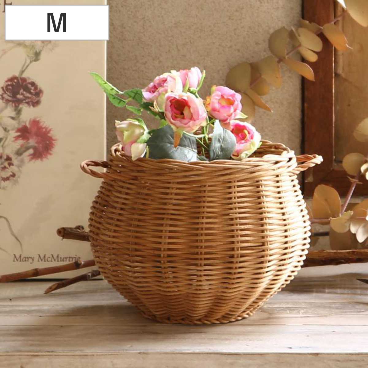 キッチンバスケット MERRY ポットバスケット チャビー Mサイズ （ バスケット ラタン 籐 籐バスケット オーバル かご 深型 鉢カバー 持ち手付き ドライフラワー キッチン インテリア 収納 カゴ 籠 ナチュラル だ円 おしゃれ 卓上 ）