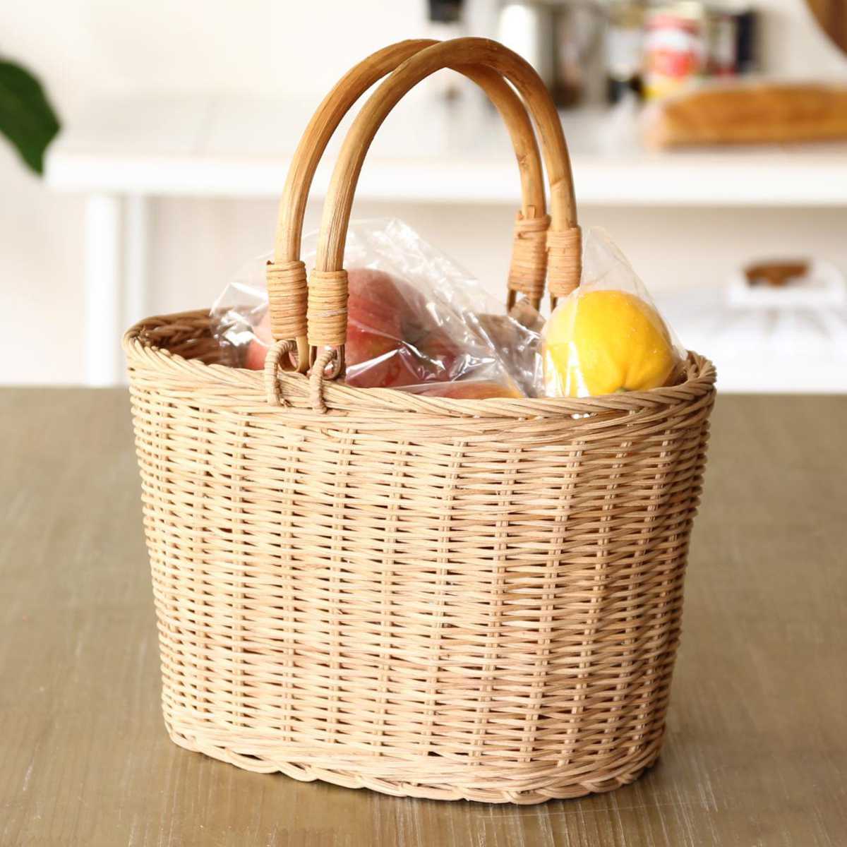 キッチンバスケット MERRY ハンドル オーバルバスケット （ バスケット ラタン 籐 籐バスケット オーバル かご 深型 鉢カバー ハンドル付き ドライフラワー キッチン インテリア 収納 カゴ 籠 ナチュラル だ円 おしゃれ ）