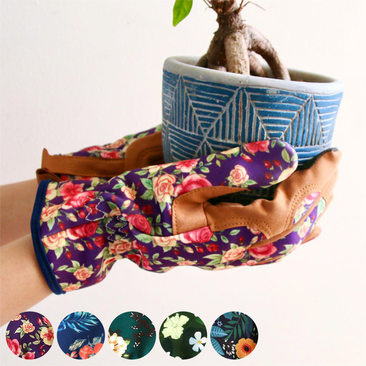 グローブ ガーデングローブ ブルーム （ ガーデニンググローブ 園芸手袋 軍手 作業用 手袋 園芸用手袋 作業手袋 ガーデニング 土 滑り止め 農作業 DIY ループ付き 花柄 おしゃれ ） 【ネイビー×グリーン】