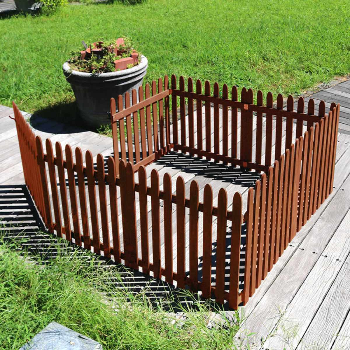 フェンス 木製 折り畳めるウッドフェンス ゲート付サークルセット 縦ストライプ ( ガーデンフェンス 柵 折りたたみ サークル 園芸 エクステリア 雑貨 ウッドフェンス 木製 花壇 庭 ベランダ バルコニー 木製ガーデンフェンス ) 【ダークグリーン】 ダークグリーン