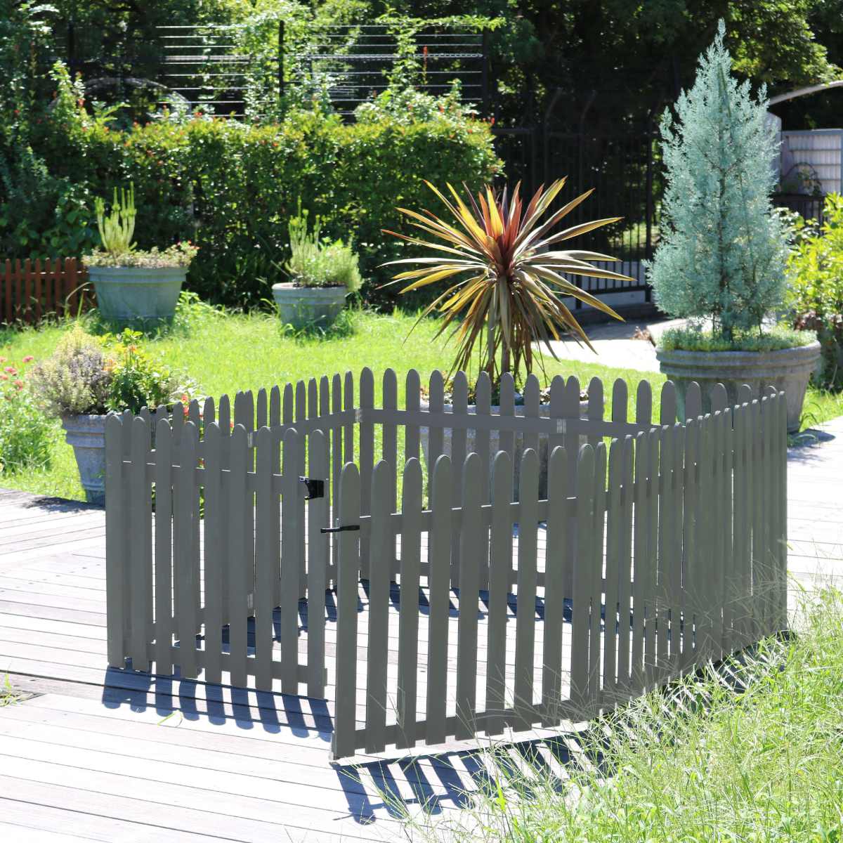 フェンス 木製 折り畳めるウッドフェンス 142×71cm 縦ストライプ ( ガーデンフェンス 柵 折りたたみ 2連 園芸 エクステリア 雑貨 ウッドフェンス 花壇 庭 ベランダ バルコニー ガーデニング 木製ガーデンフェンス 蝶番 インテリア ) 【グレー】 グレー