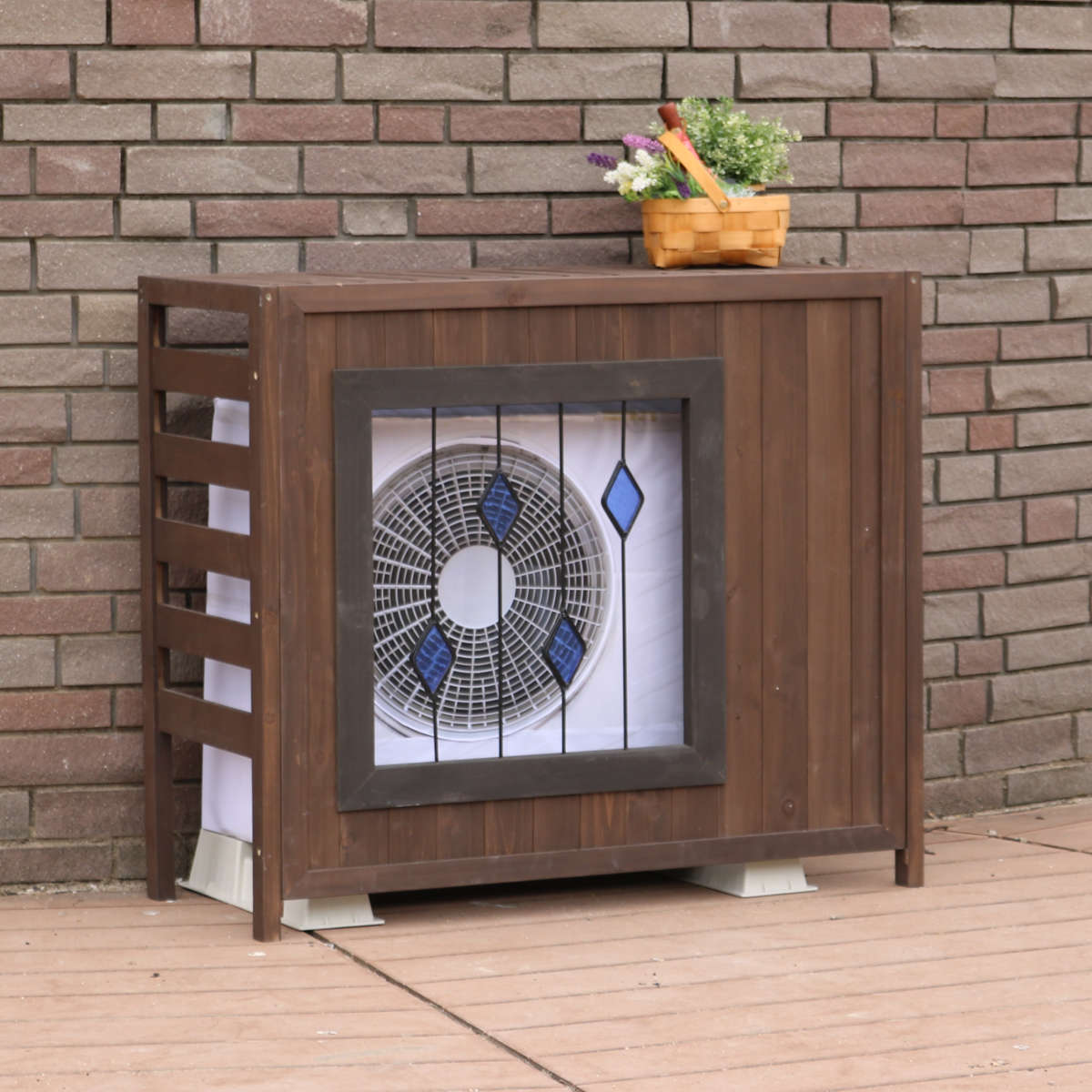 室外機カバー ステンドグラス室外機カバー glass グラス 幅93cm 標準サイズ ( エアコン室外機カバー 木製 ガラス おしゃれ 日よけ 日光対策 直射日光 目隠し 室外機ラック エアコン 室外機 庭 ベランダ 省エネ 節電 簡単組立 軽い ) 【ブラウン】 ブラウン