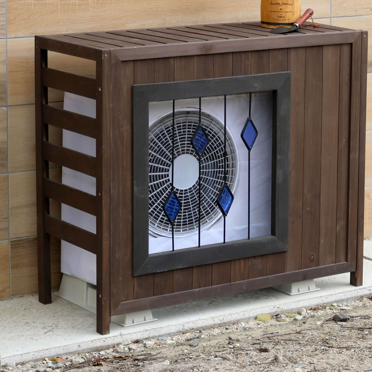 室外機カバー ステンドグラス室外機カバー glass グラス 幅93cm 標準サイズ ( エアコン室外機カバー 木製 ガラス おしゃれ 日よけ 日光対策 直射日光 目隠し 室外機ラック エアコン 室外機 庭 ベランダ 省エネ 節電 簡単組立 軽い ) 【ブラウン】 ブラウン