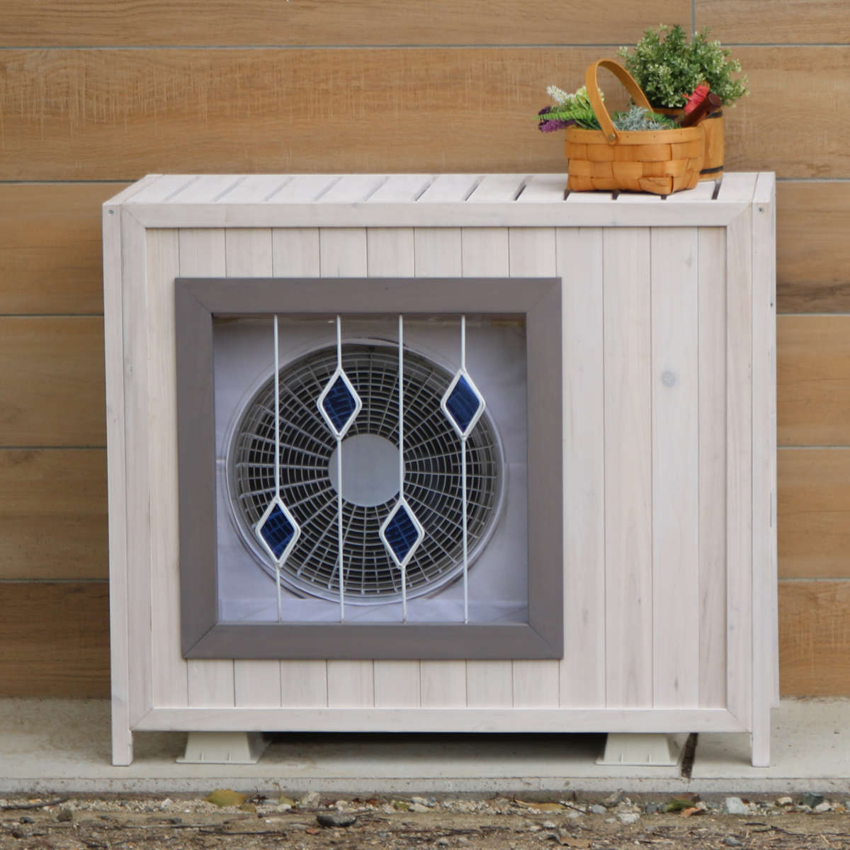 室外機カバー ステンドグラス室外機カバー glass グラス 幅93cm 標準サイズ ( エアコン室外機カバー 木製 ガラス おしゃれ 日よけ 日光対策 直射日光 目隠し 室外機ラック エアコン 室外機 庭 ベランダ 省エネ 節電 簡単組立 軽い ) 【ブラウン】 ブラウン