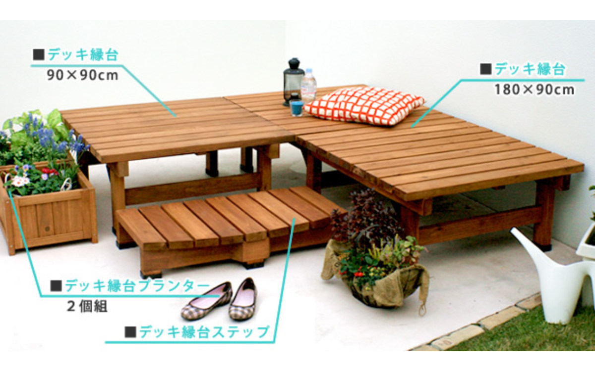 縁台 デッキ縁台 90×90cm ( ガーデンデッキ ベンチ 木製 屋外 ウッドデッキ ウッドベンチ 庭 バルコニー 天然木 杉 庭先 ぬれ縁 ガーデンベンチ 掃き出し窓 連結 ウッド デッキ おしゃれ ) 【ライトブラウン】 ライトブラウン