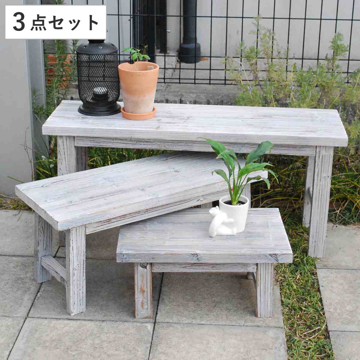 花台 ホワイトスツール風花台 ロータイプ 3点セット （ プランター台 フラワーラック 飾り台 プランターラック フラワー スタンド 木 スクエア 室内 飾る 台 脚付き 置く 植物 観葉植物 花 園芸 インテリア ディスプレイ 雑貨 ）