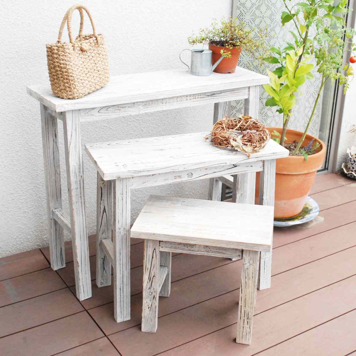 花台 ホワイトスツール風花台 3点セット ( プランター台 フラワーラック 飾り台 プランターラック フラワー スタンド 木 スクエア 室内 飾る 台 脚付き 置く 植物 観葉植物 花 園芸 インテリア ディスプレイ 雑貨 テーブル 天然木 )