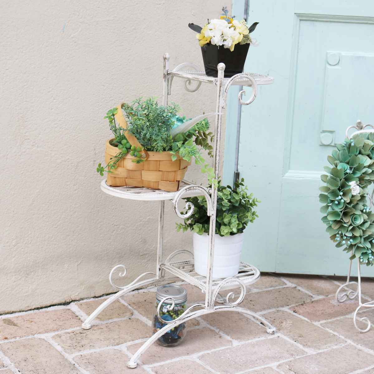 フラワースタンド ブランティーク ホワイトアイアンフラワースタンド 縦型 ( プランター台 フラワーラック 飾り台 プランターラック フラワー スタンド プランター 室内 飾る 花台 置く 植物 観葉植物 園芸 アイアンフレーム 3段 )