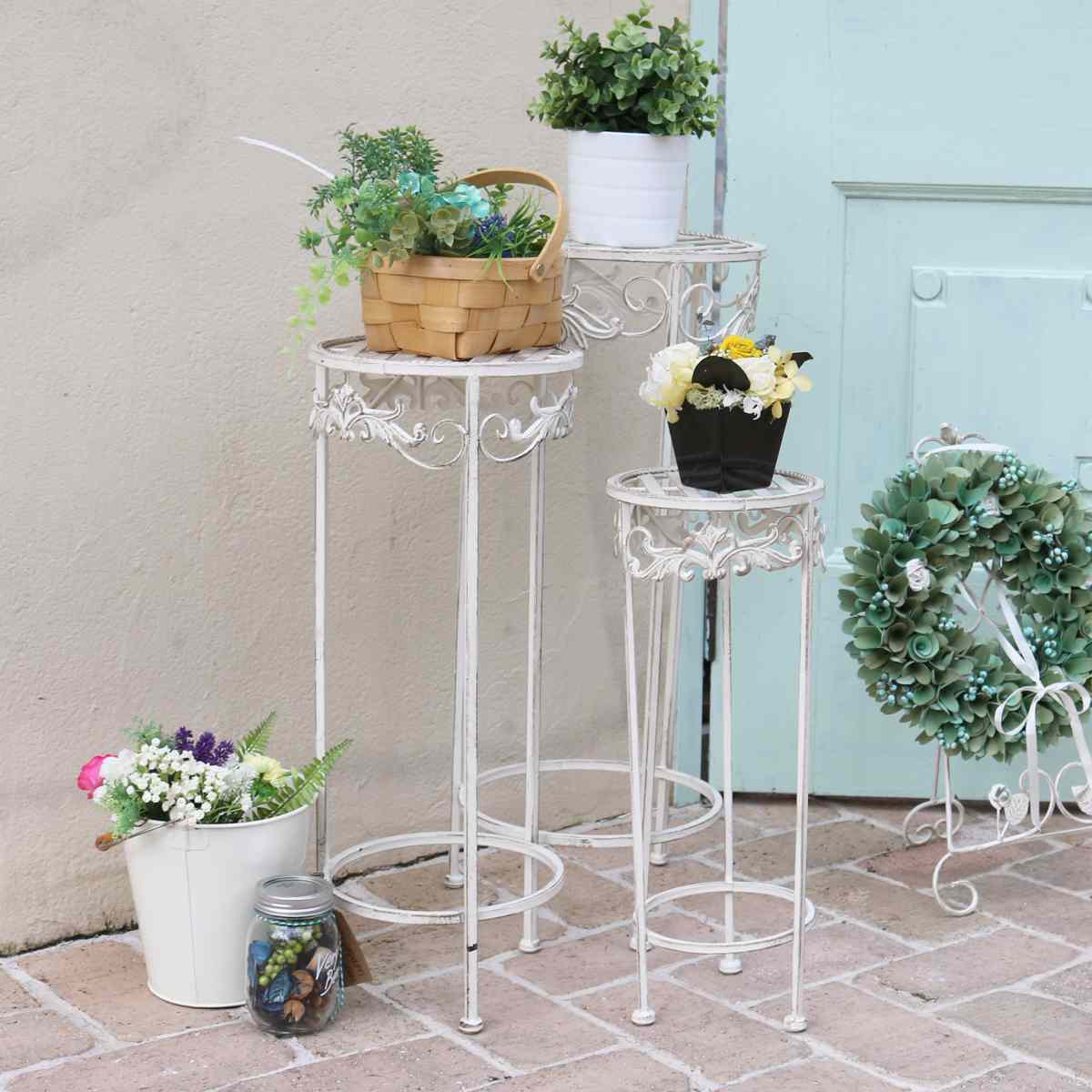 フラワースタンド ブランティーク ホワイトアイアンフラワースタンド 3点セット （ プランター台 フラワーラック 飾り台 プランターラック フラワー 室内 飾る 花台 置く 植物 観葉植物 園芸 アイアンフレーム 3個 セット ）