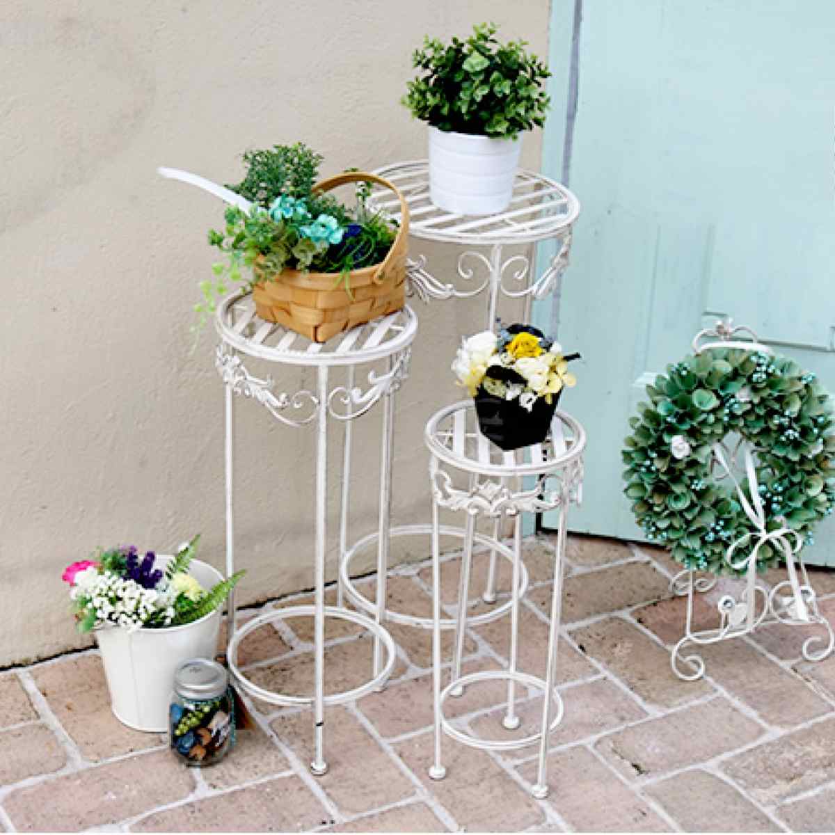 フラワースタンド ブランティーク ホワイトアイアンフラワースタンド 3点セット ( プランター台 フラワーラック 飾り台 プランターラック フラワー 室内 飾る 花台 置く 植物 観葉植物 園芸 アイアンフレーム 3個 セット )