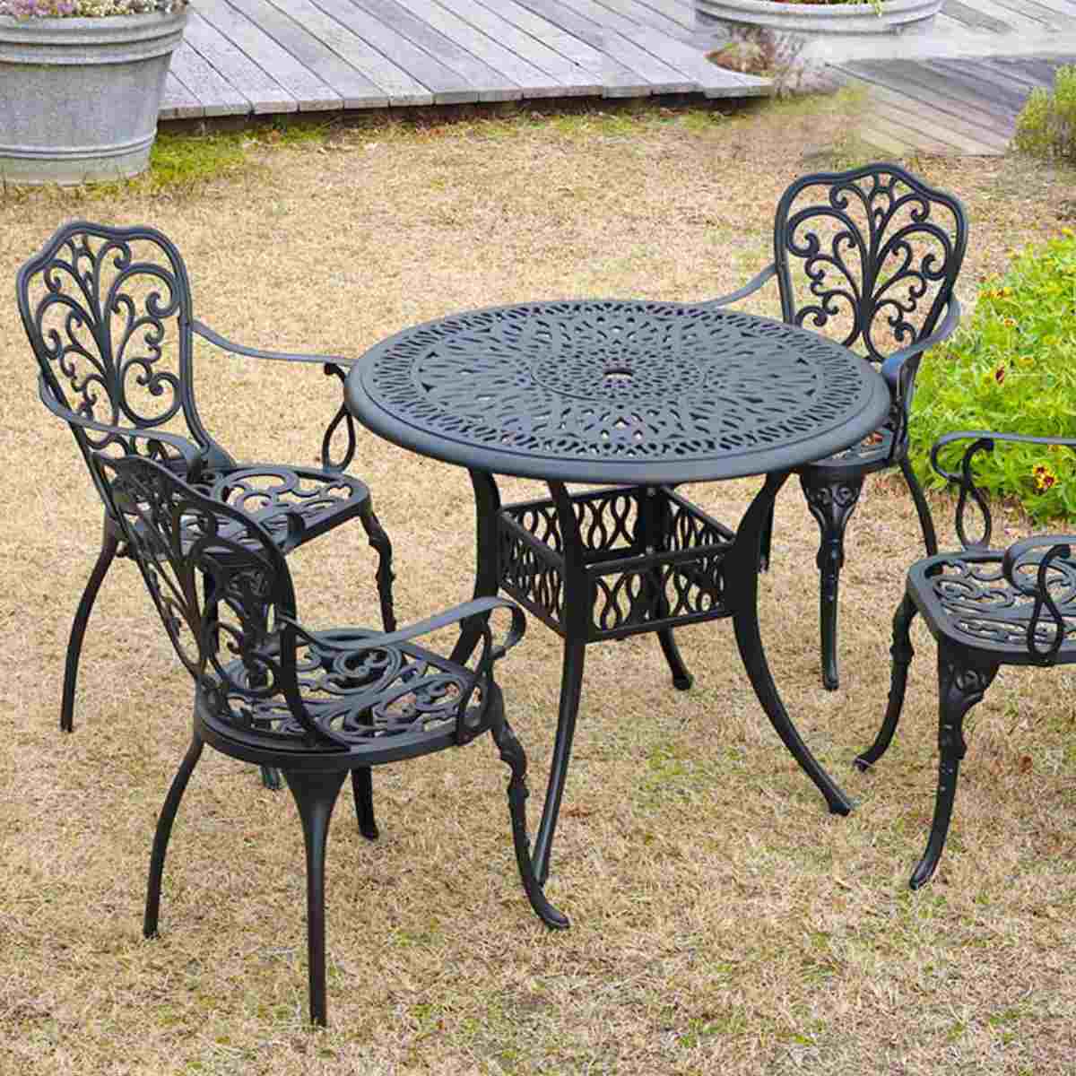 テーブル&チェア アルミ製ラウンドテーブル&チェア トルペ 5点セット ( テーブル ガーデンチェア ガーデン 庭 机 丸 ラウンド 椅子 カフェテーブル ガーデンテーブル チェア カフェ バルコニー パラソル パラソル用ホール 穴 )