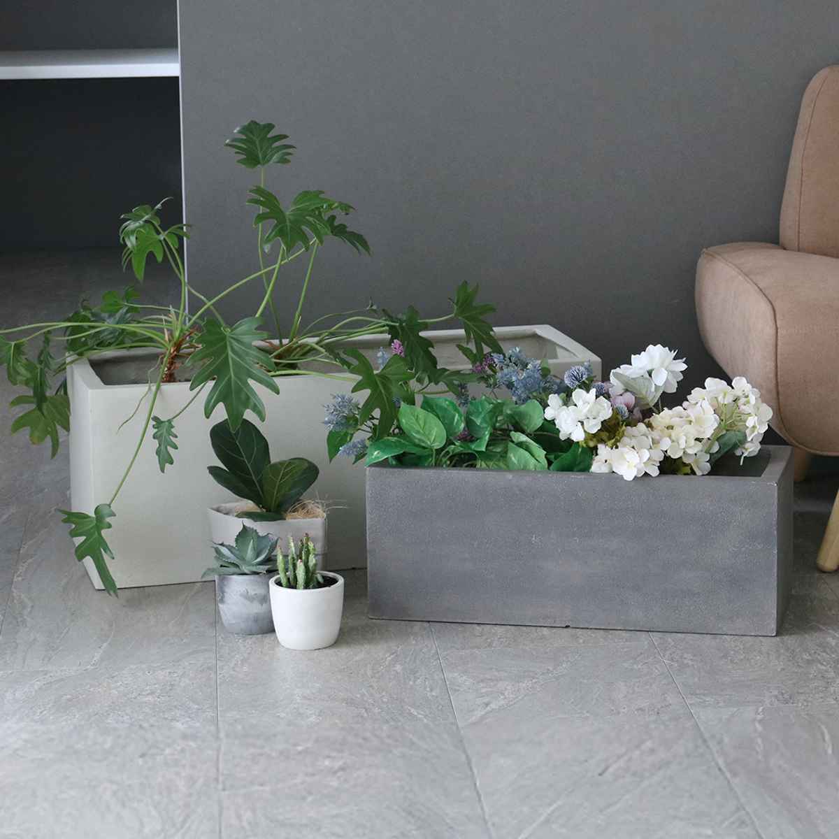 プランター グリッテ 石調FRPプランター 幅60cm 幅80cm 長角 大小2個セット ( プランターカバー スクエア 植木鉢 鉢 底穴 屋外 外 家庭菜園 寄せ植え ポット 鉢カバー 鉢植え 屋内 丸型 円型 大型プランター 水抜き穴 ) 【ホワイト】 ホワイト