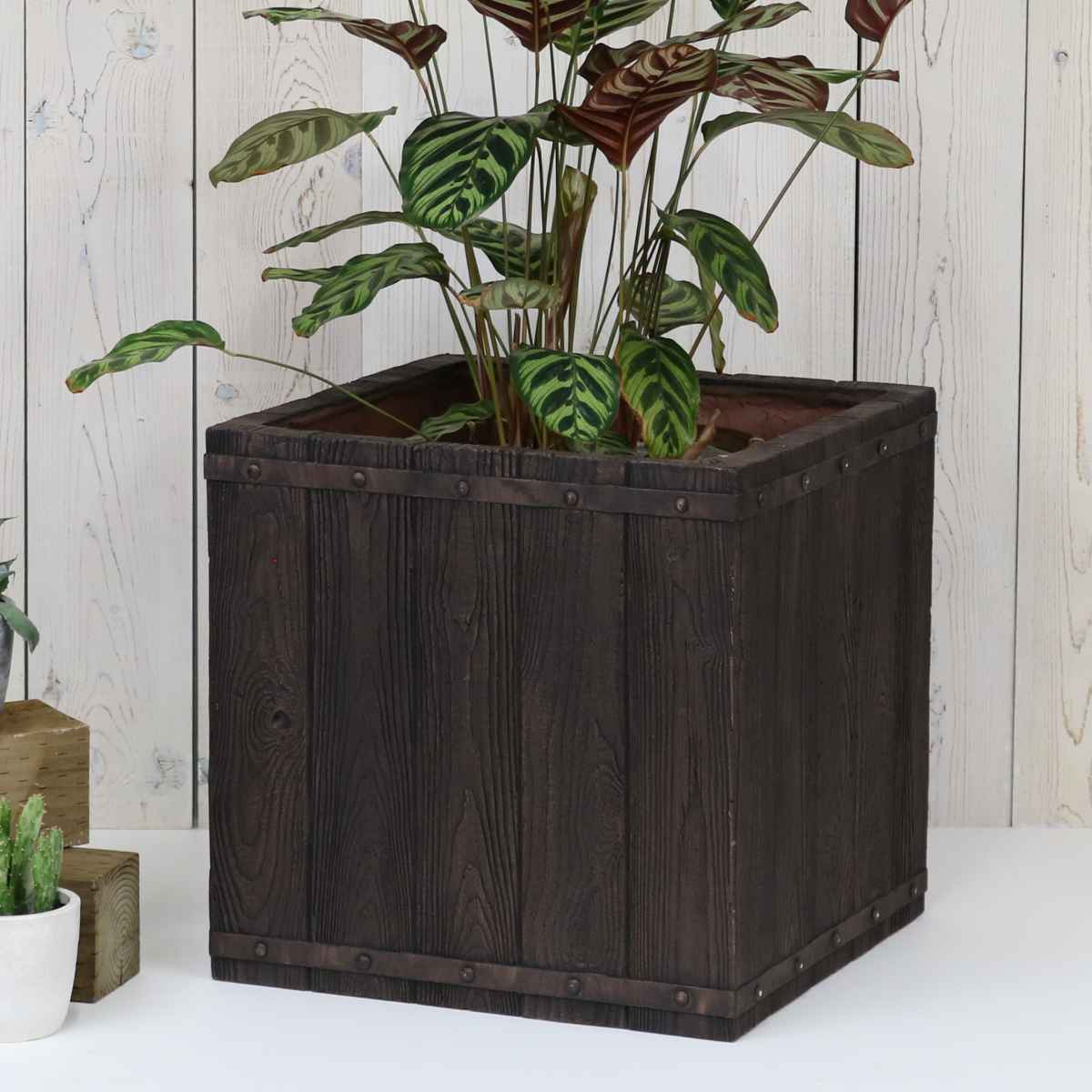 プランター ファーバー 木調FRPプランター 幅40cm 幅50cm 角型 大小2個セット ( プランターカバー ラウンド 植木鉢 鉢 底穴 屋外 外 家庭菜園 寄せ植え ポット 鉢カバー 鉢植え 屋内 正方形 大型プランター 水抜き穴 大型 花 ) 【ホワイト】 ホワイト