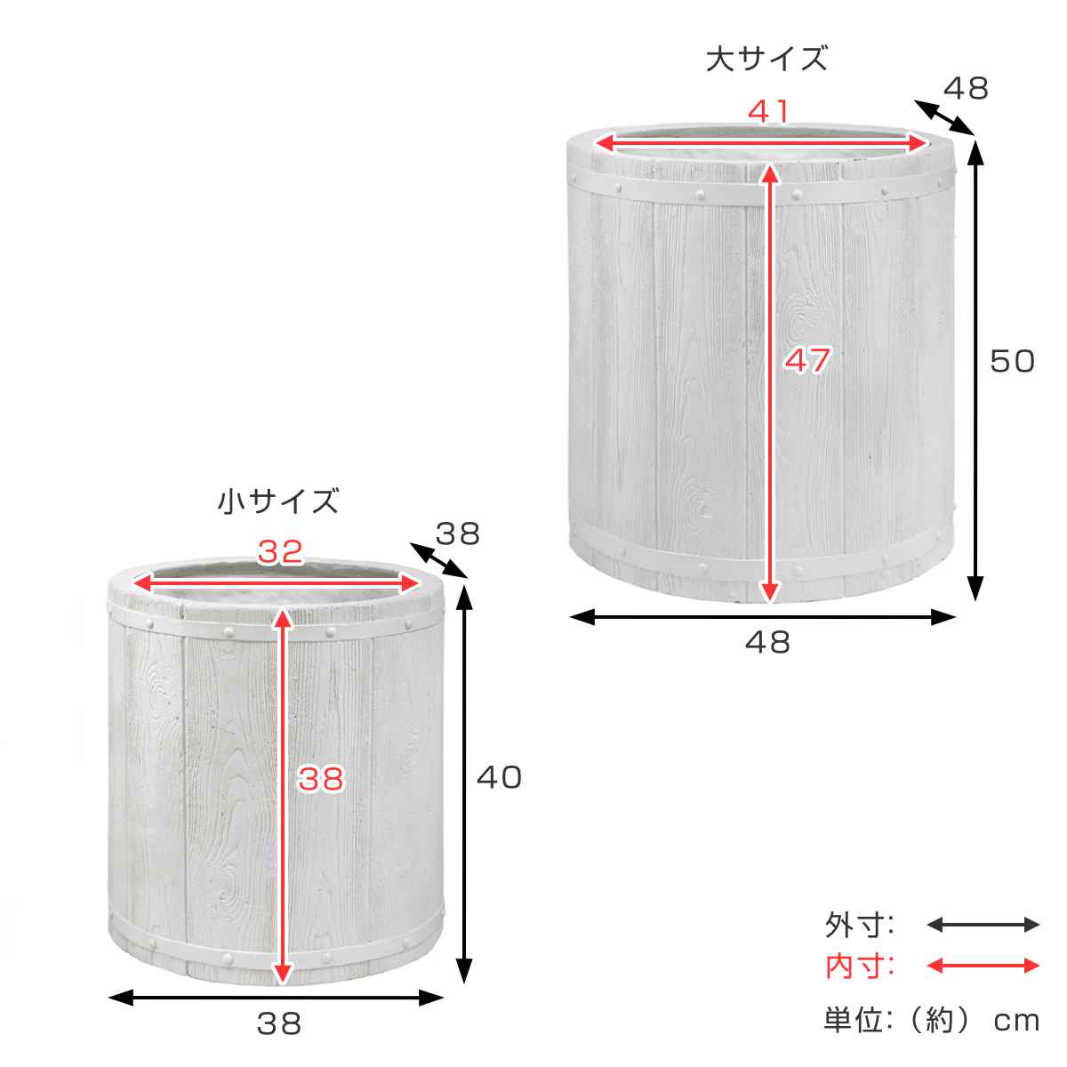 プランター ファーバー 木調FRPプランター 幅40cm 幅50cm 丸型 大小2個セット ( プランターカバー ラウンド 植木鉢 鉢 底穴 屋外 外 家庭菜園 寄せ植え ポット 鉢カバー 鉢植え 屋内 円形 大型プランター 水抜き穴 大型 花 ) 【ホワイト】 ホワイト