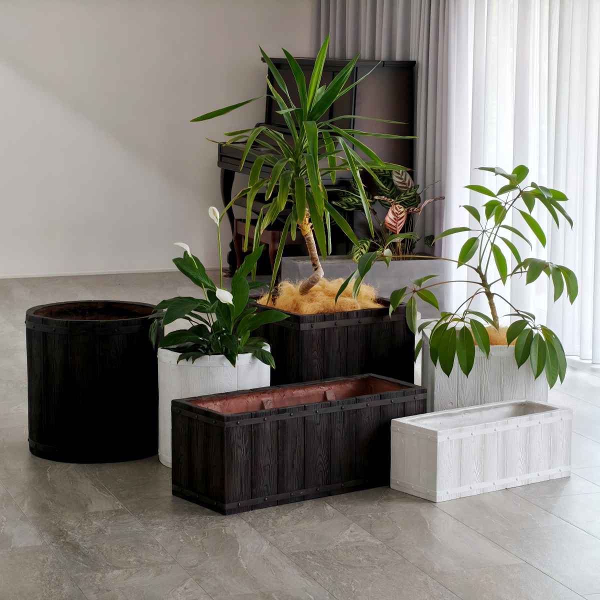 プランター ファーバー 木調FRPプランター 幅80cm 長角 ( プランターカバー ラウンド 植木鉢 鉢 底穴 屋外 外 家庭菜園 寄せ植え おしゃれ ポット 鉢カバー 鉢植え 屋内 角型 長方形 大型プランター 水抜き穴 大型 花 ) 【ホワイト】 ホワイト