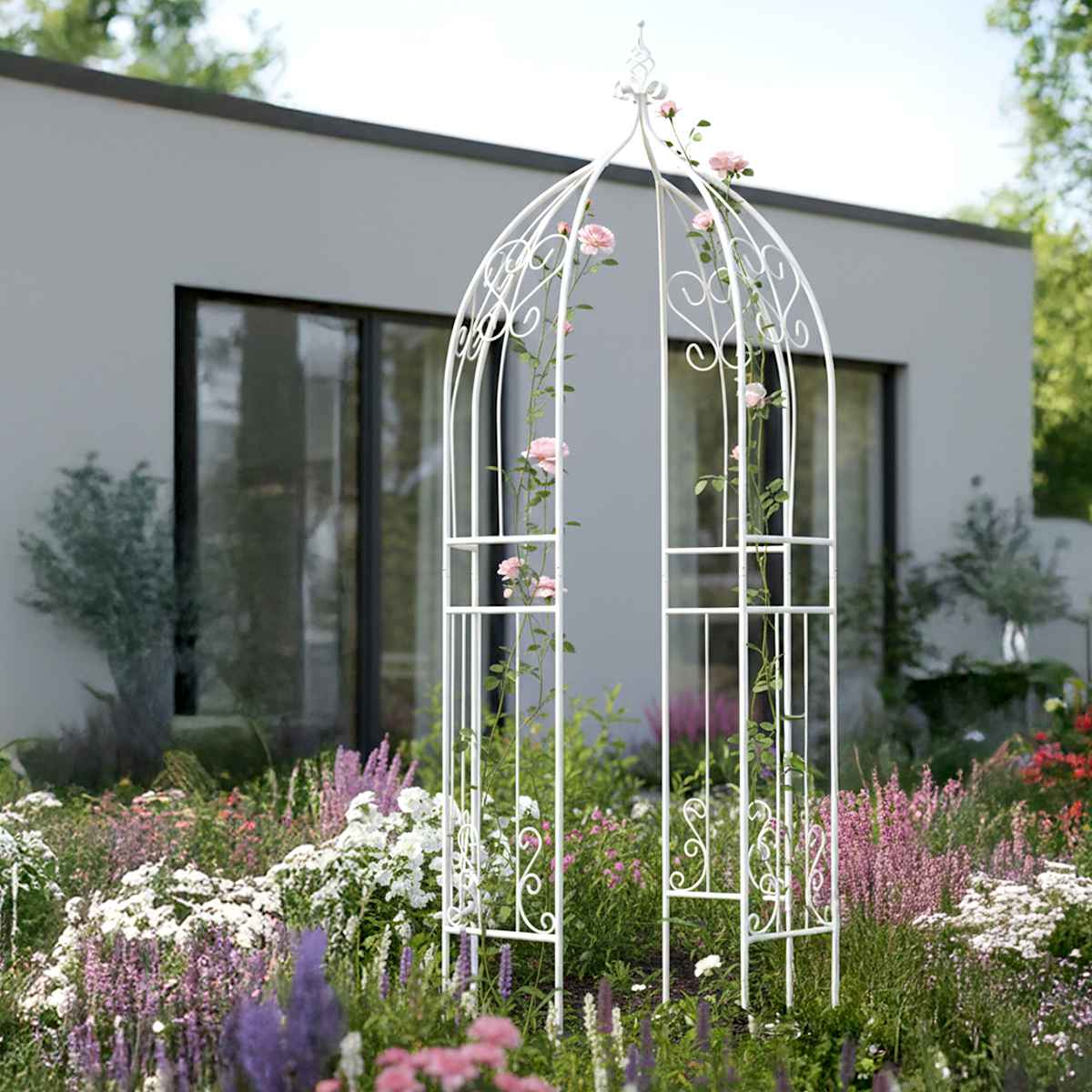 アーチ アイアンハーフアーチオベリスクキット ( ガーデンフェンス ハーフアーチ フェンス アイアン 柵 園芸 エクステリア 雑貨 花壇 庭 ベランダ バルコニー ガーデニング アイアンガーデンフェンス オベリスク ) 【ホワイト】 ホワイト