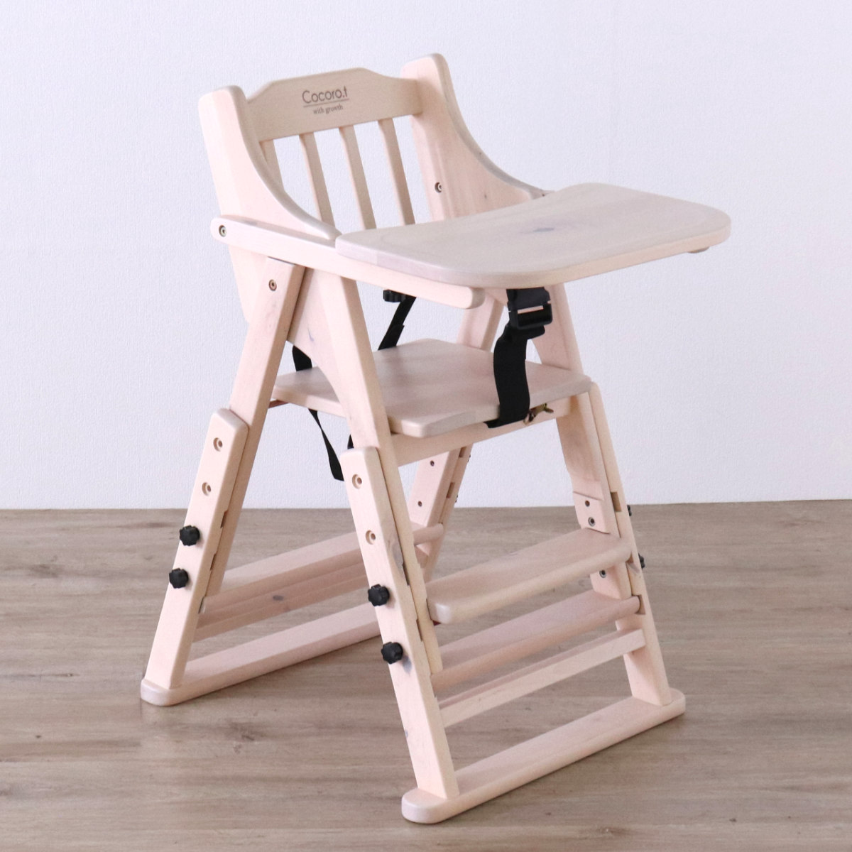ベビーチェア 折りたたみ ベルト付 座面3段階調整 ( ハイチェア テーブル付き ベビー チェア 椅子 高さ調節 3段階 木製 天然木 完成品 ダイニング 水性塗料仕上げ 子ども 子供 赤ちゃん 座面幅 広め 大人まで使える いす イス ) 【ライトブラウン】 ライトブラウン