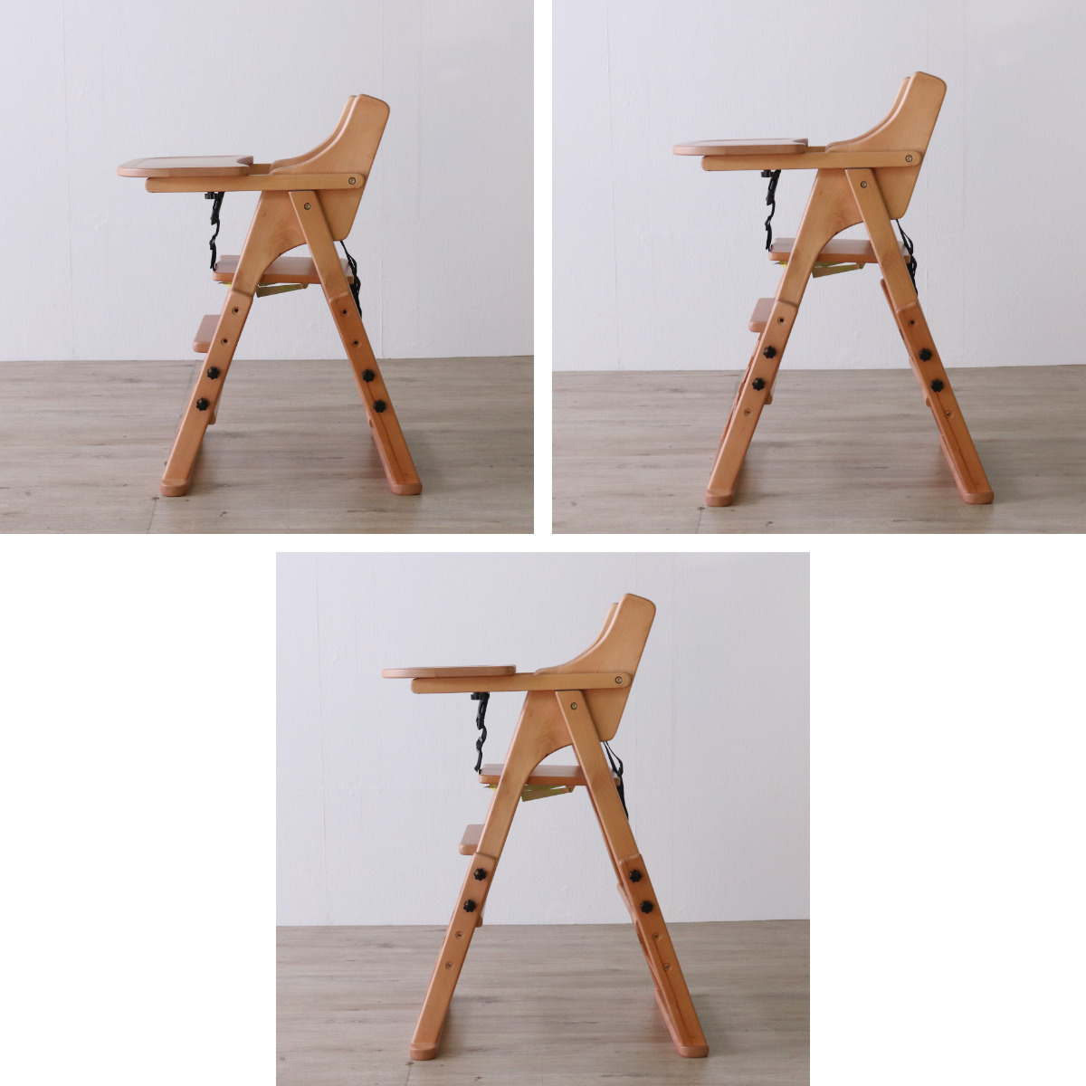 ベビーチェア 折りたたみ ベルト付 座面3段階調整 ( ハイチェア テーブル付き ベビー チェア 椅子 高さ調節 3段階 木製 天然木 完成品 ダイニング 水性塗料仕上げ 子ども 子供 赤ちゃん 座面幅 広め 大人まで使える いす イス ) 【ライトブラウン】 ライトブラウン