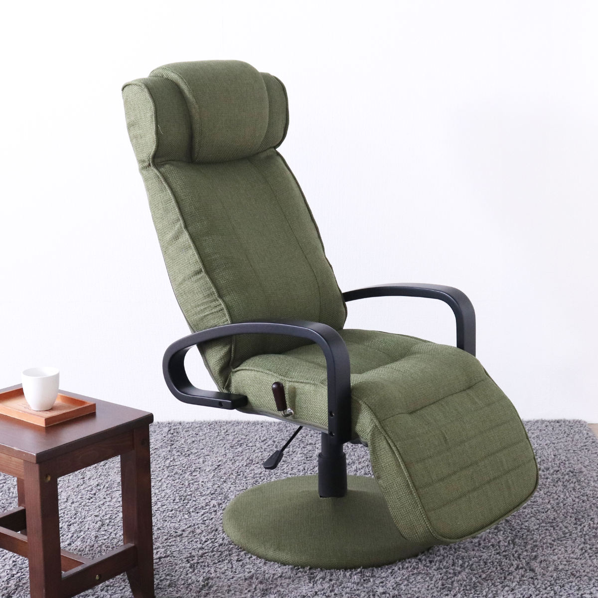 高座椅子 回転式 昇降式 ハイバック リクライニングチェア ポケットコイル ( 座椅子 回転 リクライニング 7段階 肘付き フットレスト ヘッドレスト 角度調節 高さ調整 1人掛け チェア 椅子 リラックス ファブリック ) 【グリーン】 グリーン