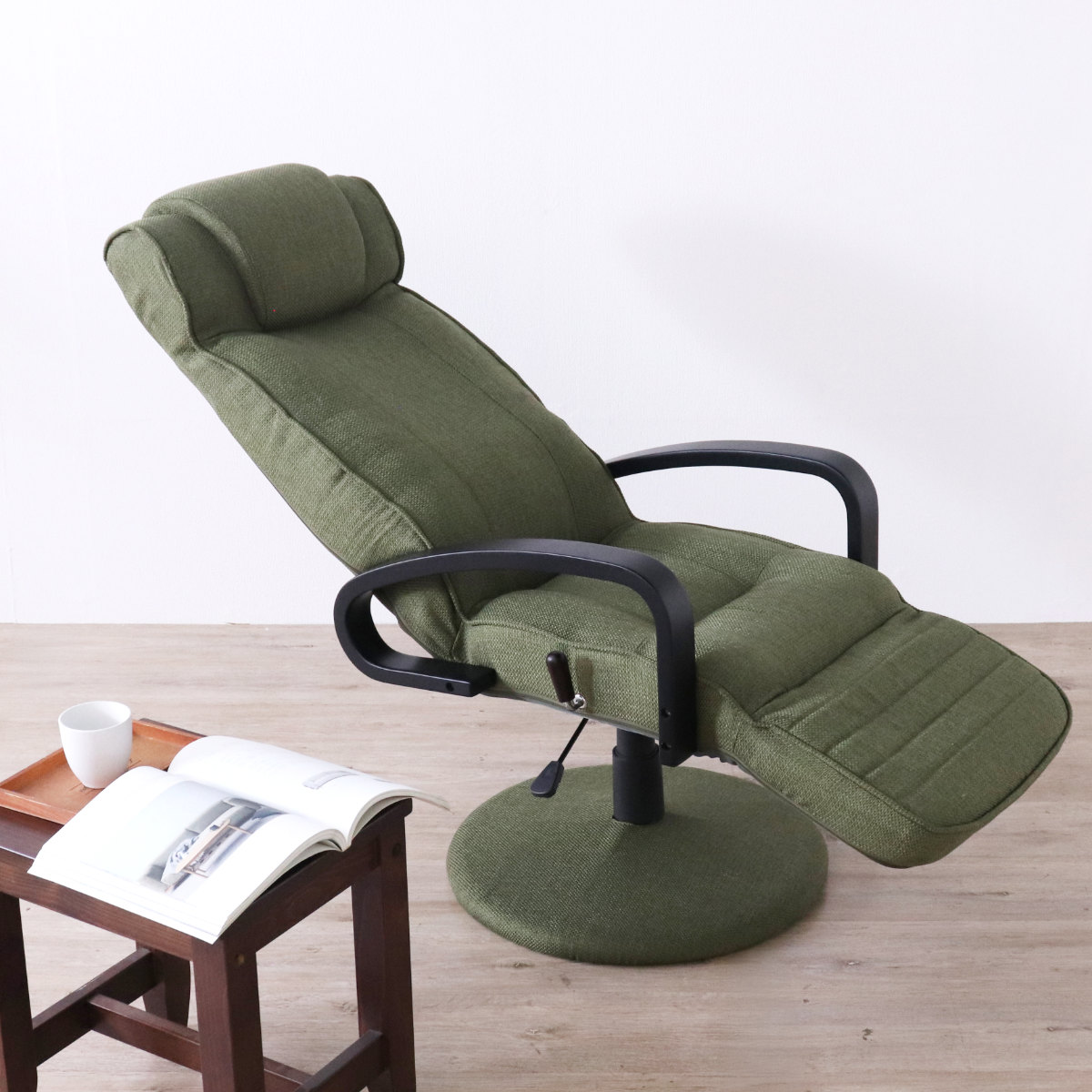 高座椅子 回転式 昇降式 ハイバック リクライニングチェア ポケットコイル ( 座椅子 回転 リクライニング 7段階 肘付き フットレスト ヘッドレスト 角度調節 高さ調整 1人掛け チェア 椅子 リラックス ファブリック ) 【グリーン】 グリーン