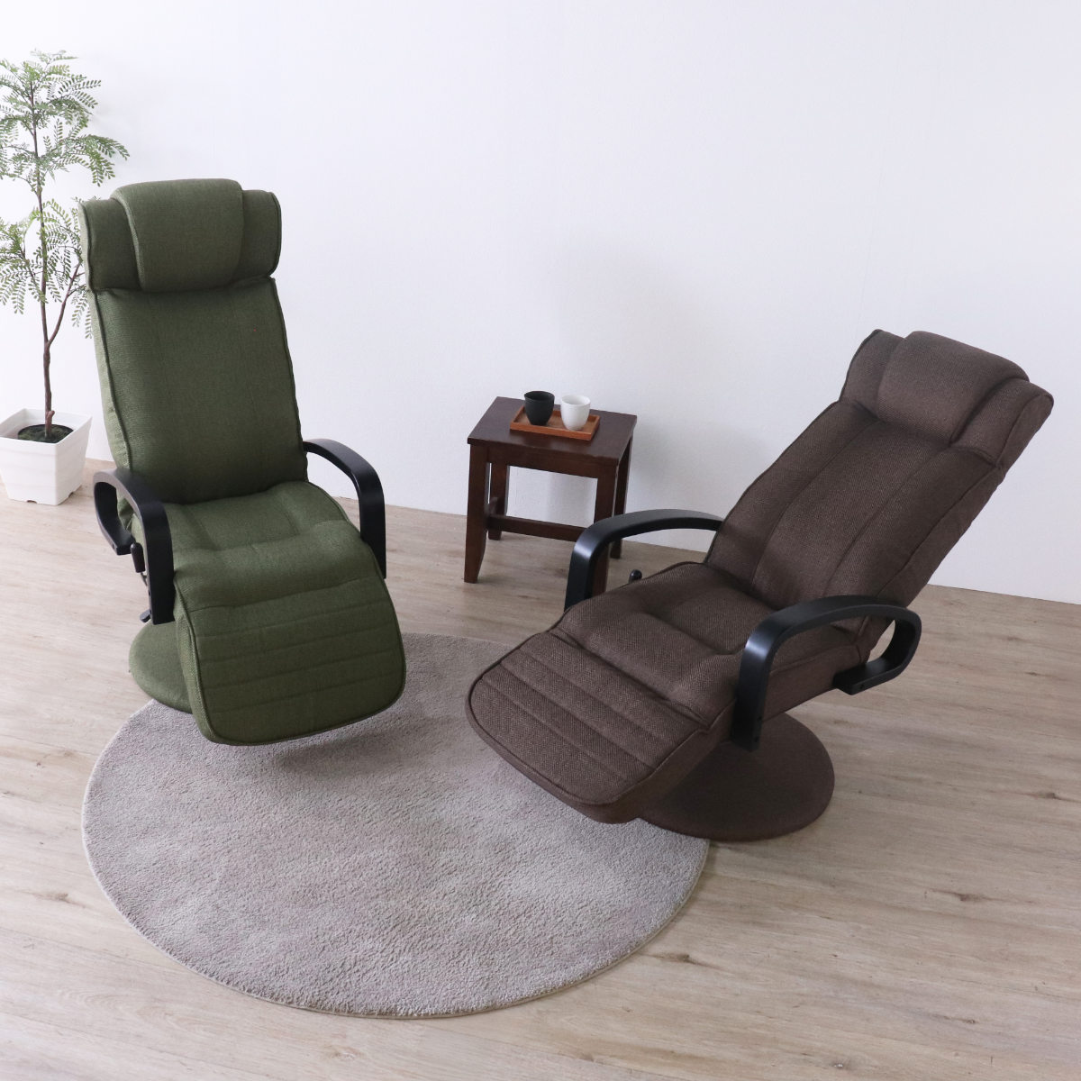 高座椅子 回転式 昇降式 ハイバック リクライニングチェア ポケットコイル ( 座椅子 回転 リクライニング 7段階 肘付き フットレスト ヘッドレスト 角度調節 高さ調整 1人掛け チェア 椅子 リラックス ファブリック ) 【グリーン】 グリーン