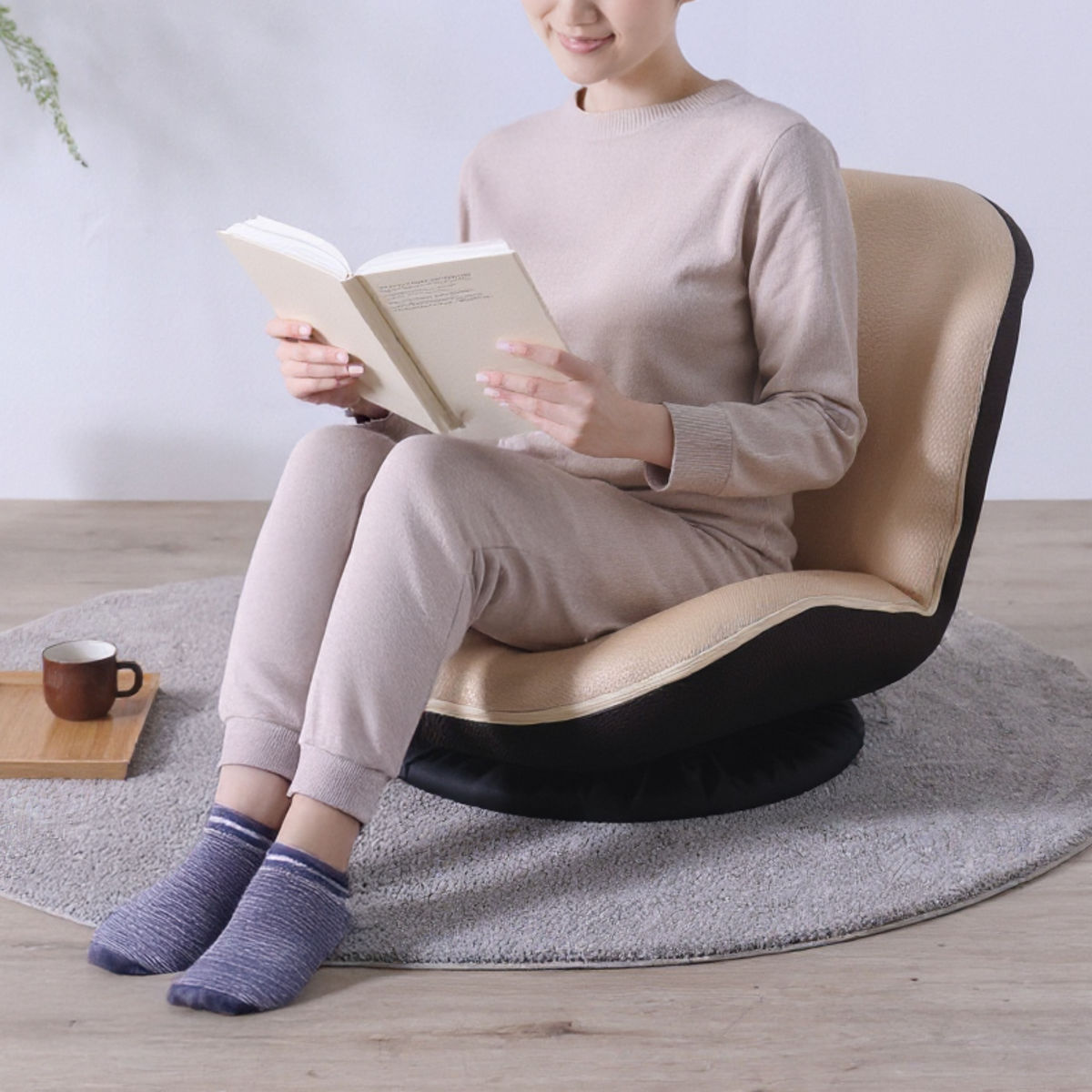 フロアチェア 回転 カム ローチェア 座椅子 ( 座いす 低い 1人掛け 椅子 チェア ソファ リクライニング 14段階 コンパクト ファブリック メッシュ 回転座椅子 ウレタン 背もたれ ) 【ベージュ】 ベージュ