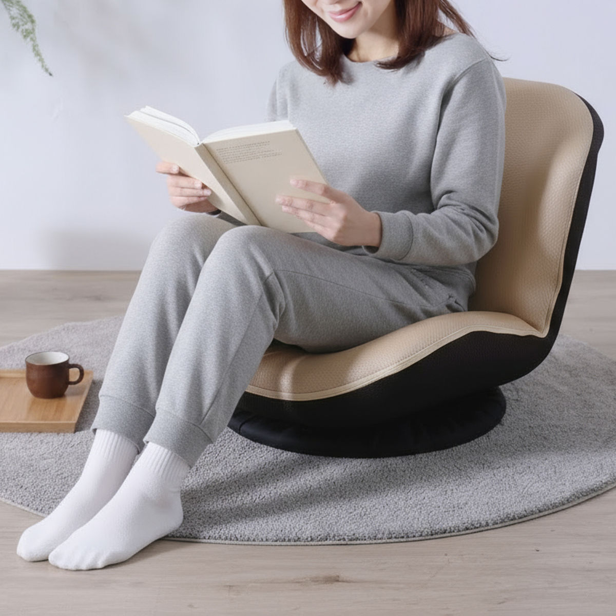 フロアチェア 回転 カム ローチェア 座椅子 ( 座いす 低い 1人掛け 椅子 チェア ソファ リクライニング 14段階 コンパクト ファブリック メッシュ 回転座椅子 ウレタン 背もたれ ) 【ベージュ】 ベージュ