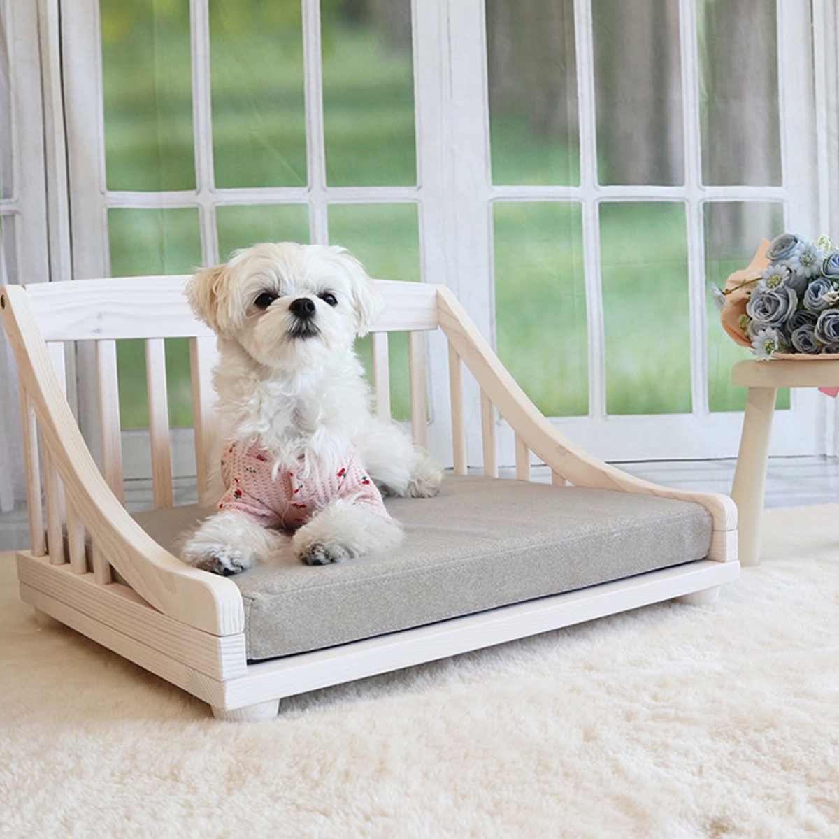 ペットベッド giocoso S 組立式 ( 犬用ベッド 猫用ベッド ペット用ベッド 木製 天然木 すのこベッド クッション付き 簡単組み立て すのこ 通気性 洗えるカバー ペット家具 ) 【ライトブラウン】 ライトブラウン