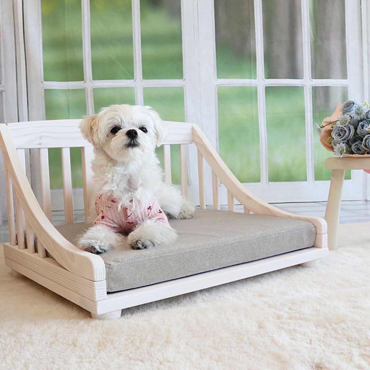 ペットベッド giocoso S 組立式 ( 犬用ベッド 猫用ベッド ペット用ベッド 木製 天然木 すのこベッド クッション付き 簡単組み立て すのこ 通気性 洗えるカバー ペット家具 ) 【ライトブラウン】 ライトブラウン