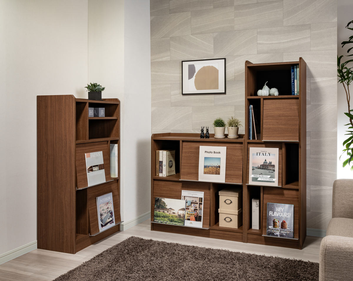 ディスプレイラック 幅45cm フラップ扉 ツートンカラー 日本製 ( ALE エール コレクションラック 棚 ラック スリム ディスプレイ 飾り棚 本棚 シンプル 低ホルムアルデヒド ) 【ウォールナットブラウン】 ウォールナットブラウン