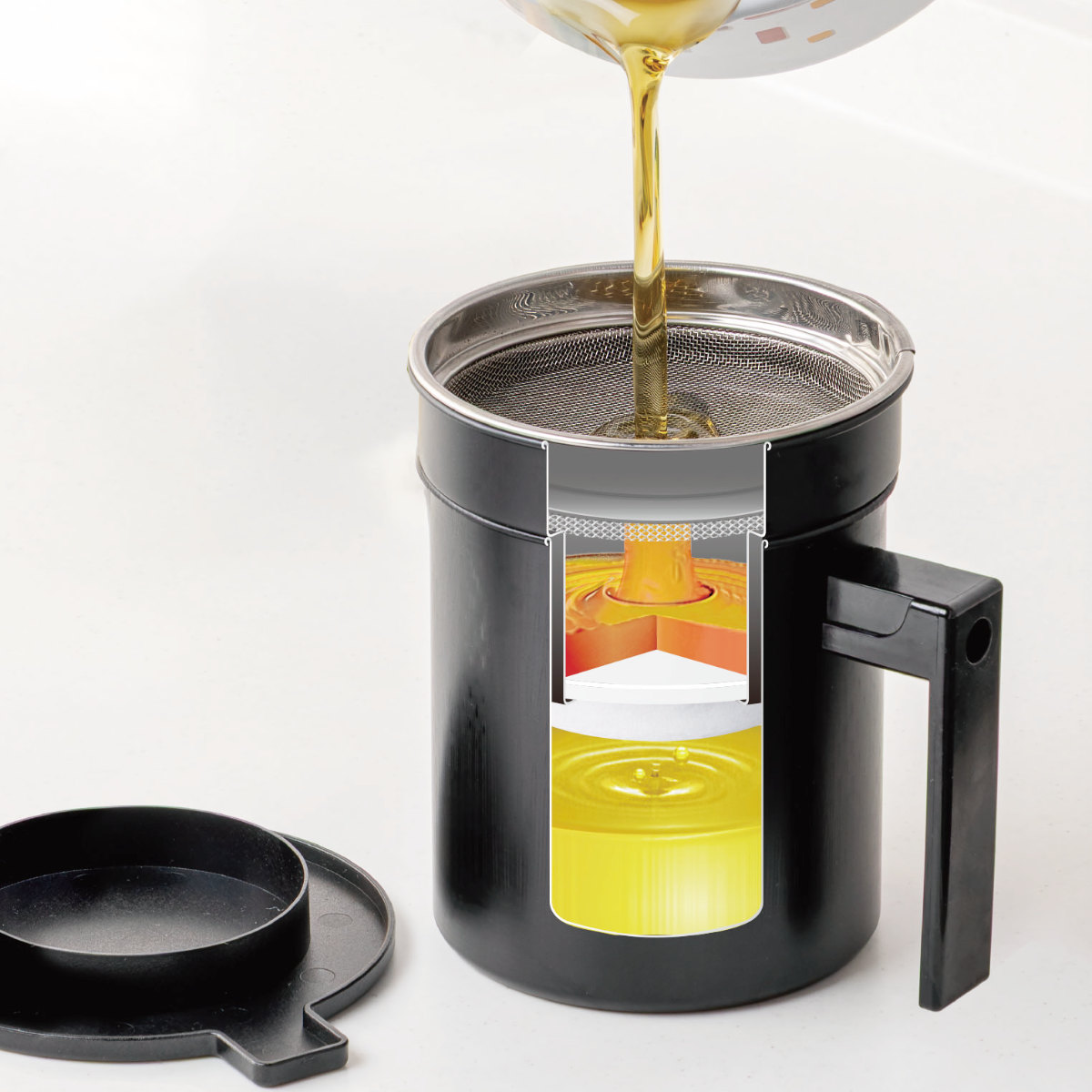 オイルポット 500ml 活性炭油ろ過ポット フッ素加工 ( 油こし器 油濾過 油ポット 活性炭フィルター こし網付き 日本製 活性炭 油濾し 濾過器 注ぎ口付き ろ過 調理器具 調理用品 油保存 ふっ素加工 キッチン用品 )