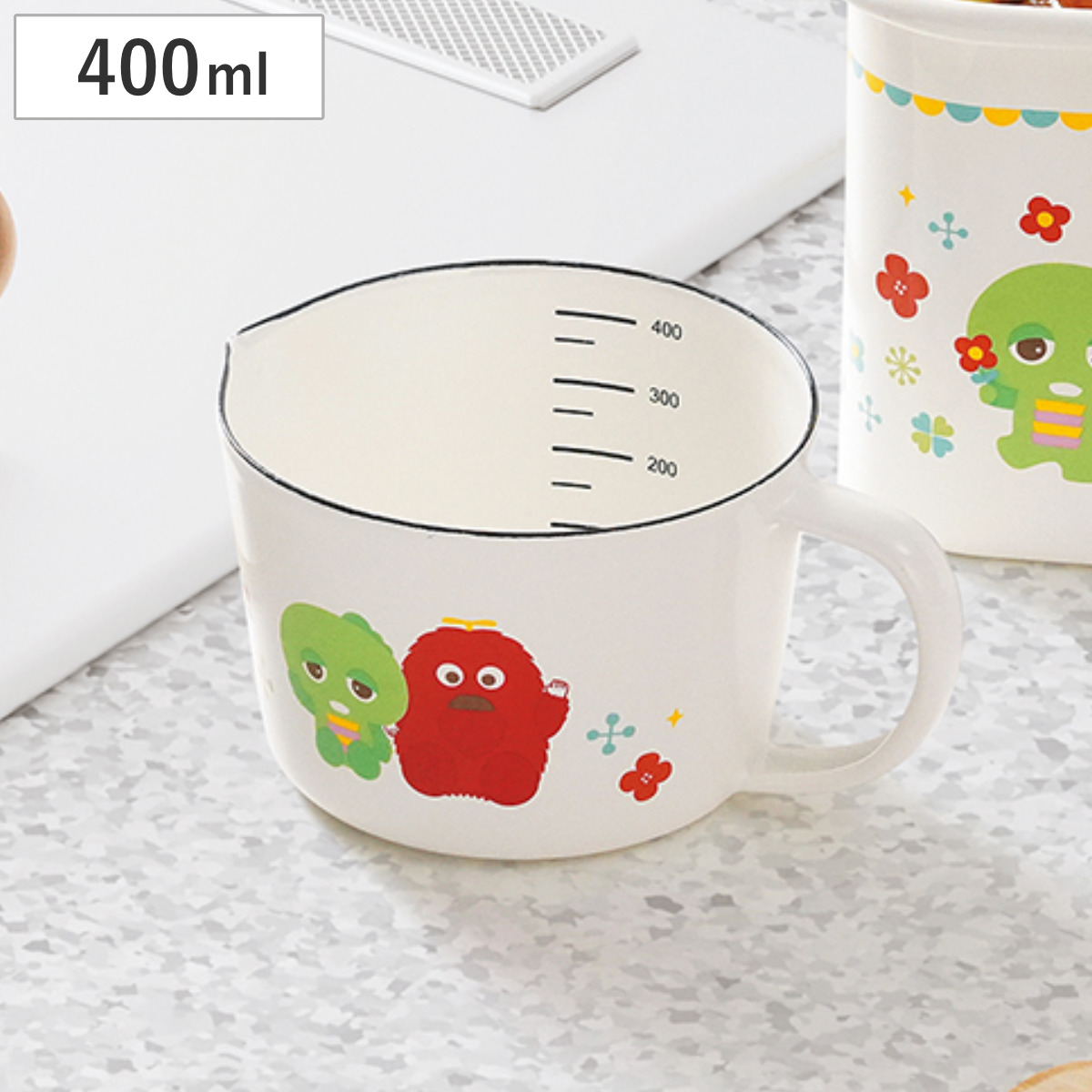 メジャーカップ 400ml ガチャピン・ムック ホーロー製 （ 計量カップ ホーロー ほうろう 琺瑯 ホーローメジャーカップ 計量器具 計量コップ ホーロー製計量カップ 目盛り付き 注ぎ口付き かわいい キャラクター ）